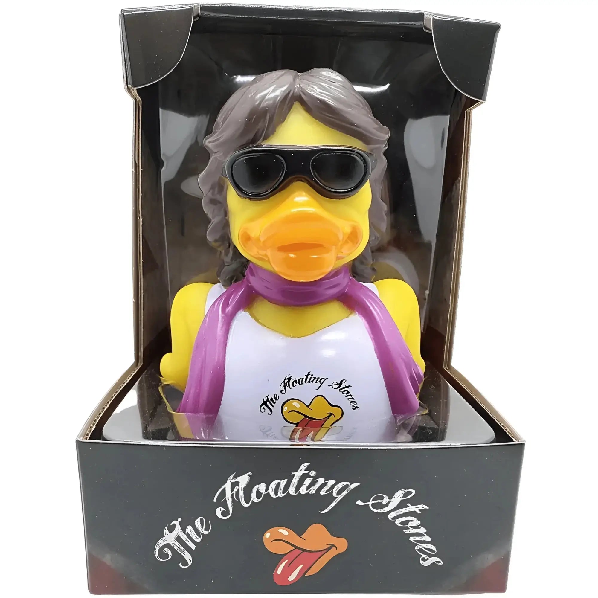 Gelbe gummiente jumpin quack splash mit grauen haaren, schwarzen sonnenbrillen und purple schal, trägt weißes tanktop mit rolling stones logo