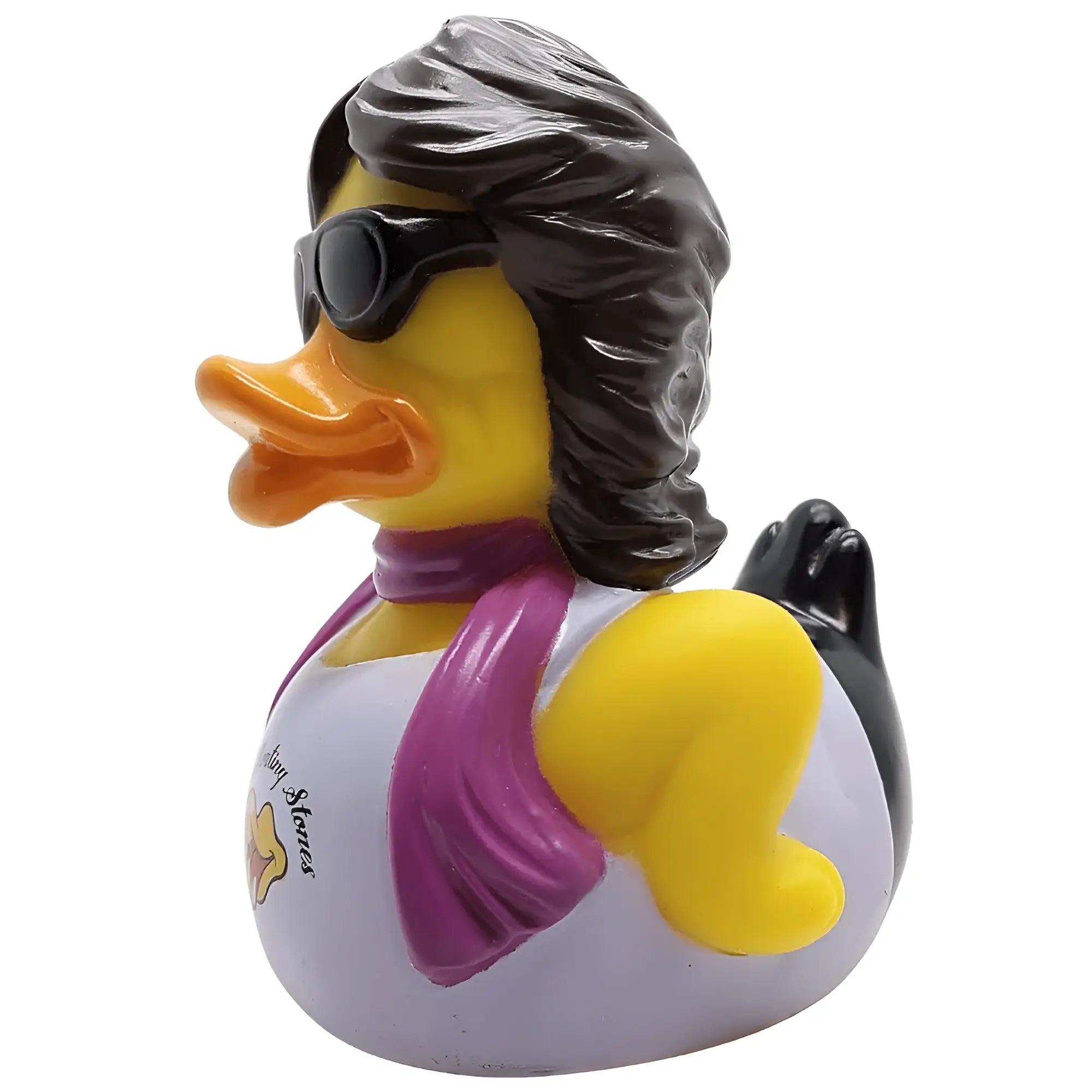 Eine gelbe gummiente mit schwarzen sonnenbrillen, lila schal und dunkelbraunen locken im rockstar look von celebriDucks