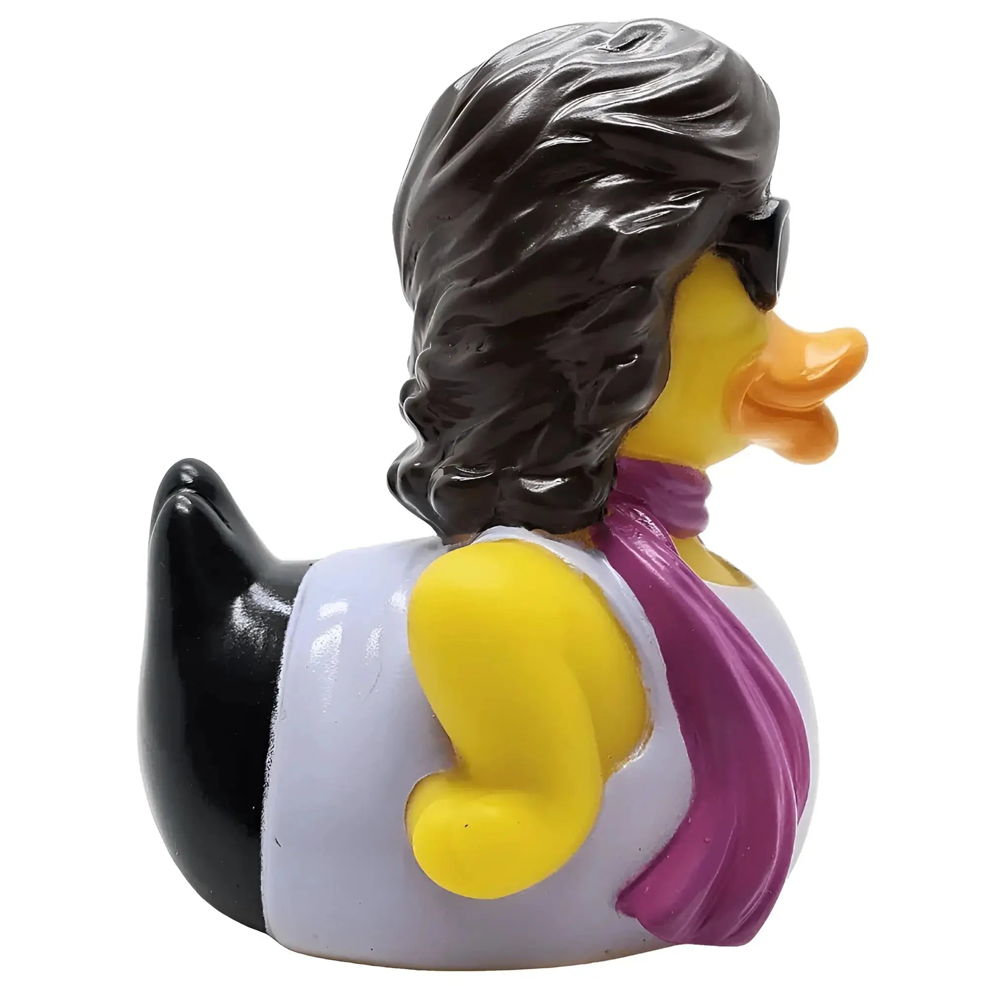 Ein gelber gummiente mit schwarzen locken, sonnenbrille, weißer weste und lila schal von celebri ducks