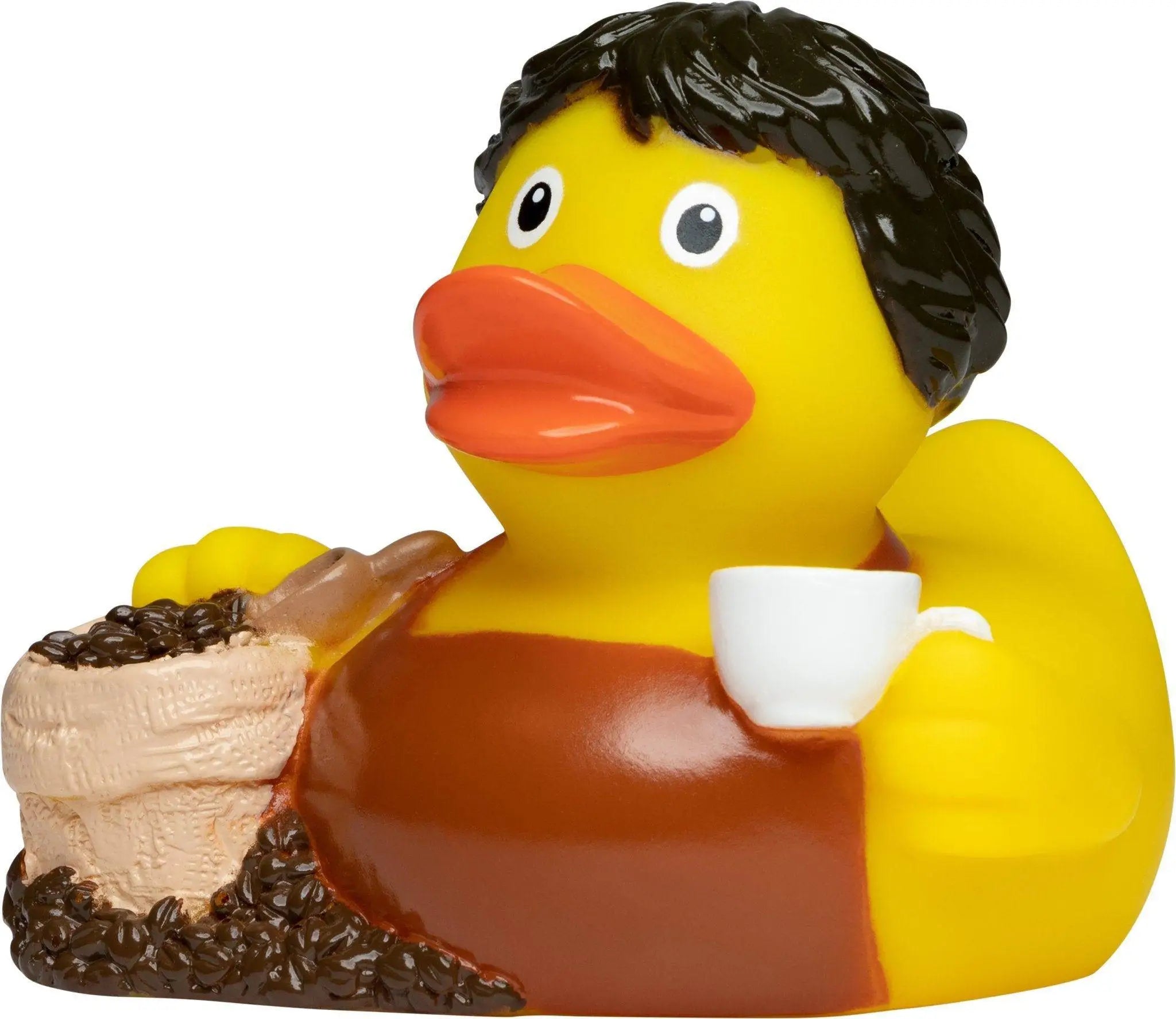 Gelbe quietsche-ente mit schwarzer lockiger haare trägt braune schürze und hält weiße kaffeetasse in badeente design