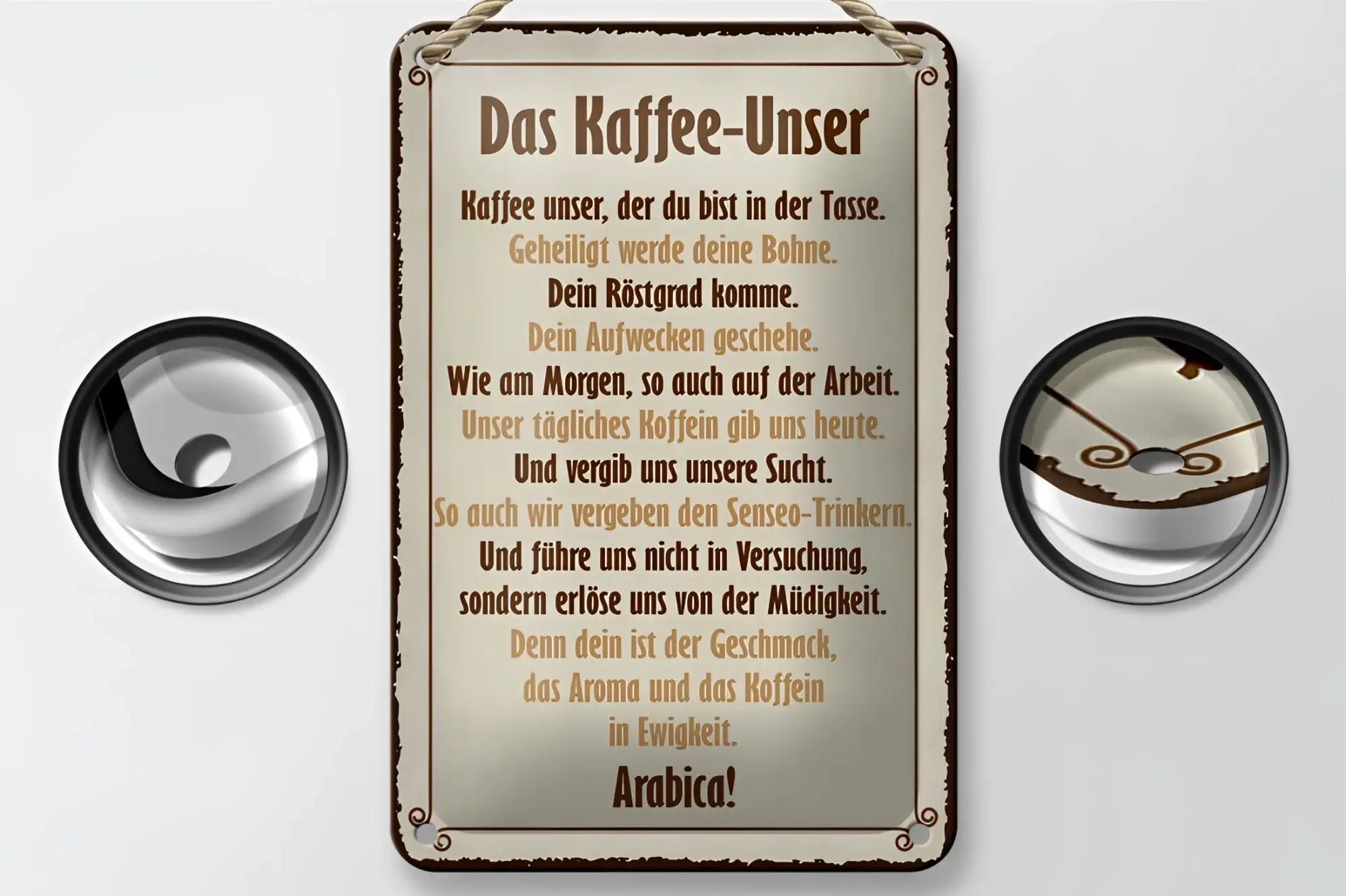 Vintage style blechschild kaffe unser mit beige und braun, kaffeetext in klassischer serif schrift 12x18cm