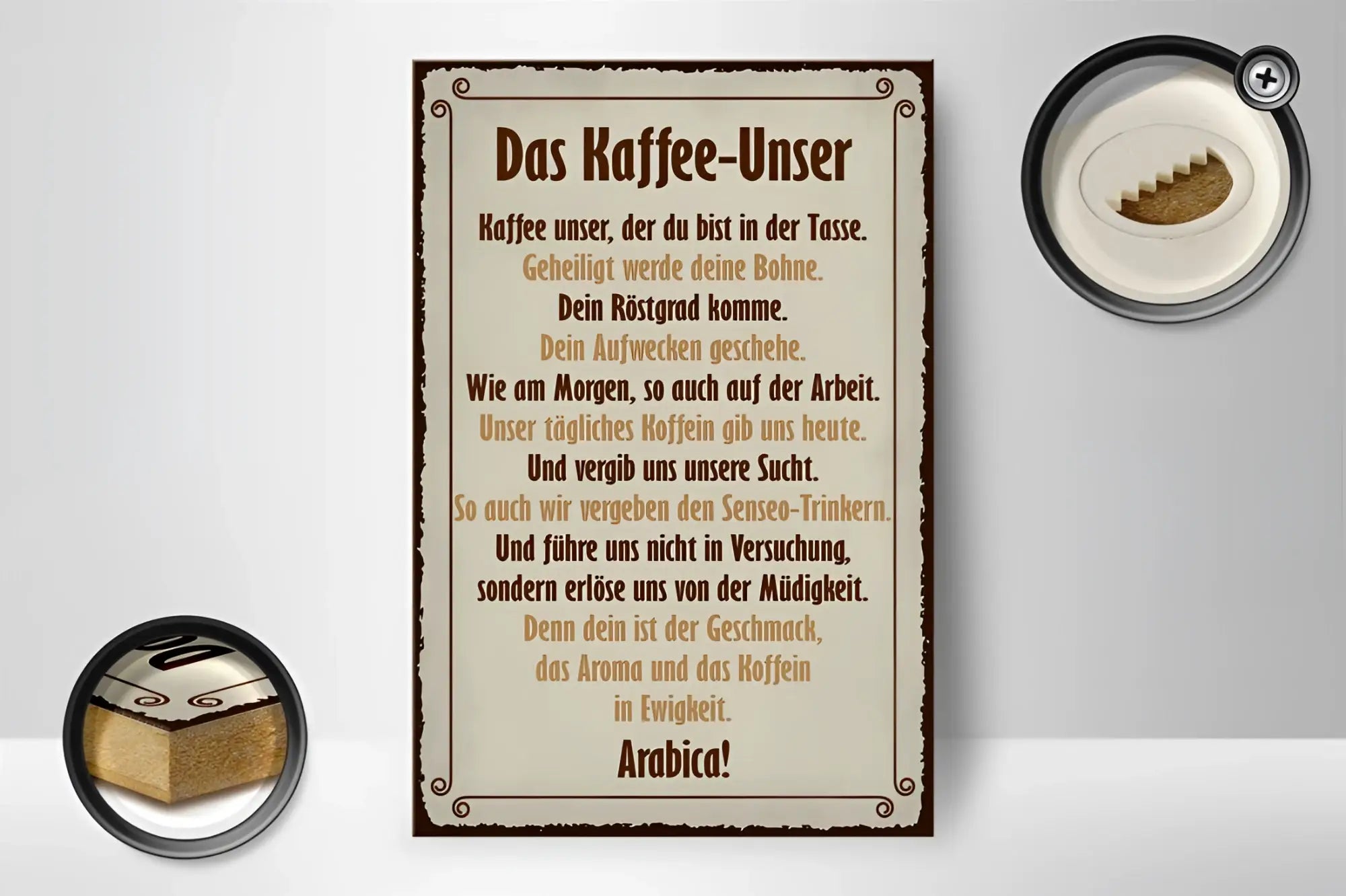 Vintage holzschild kaffee unser mit deutscher schrift in warmen braun- und beigetönen auf cremefarbenem hintergrund