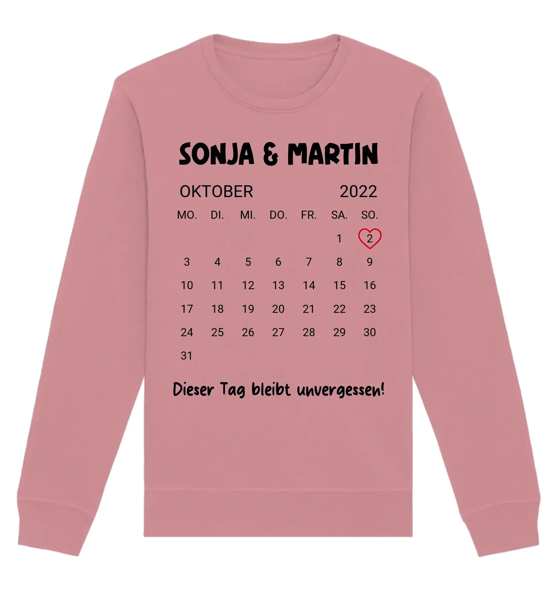Ein weiches rosa sweatshirt mit langarm und schwarzem oktober 2022 kalender plus sonja und martin text