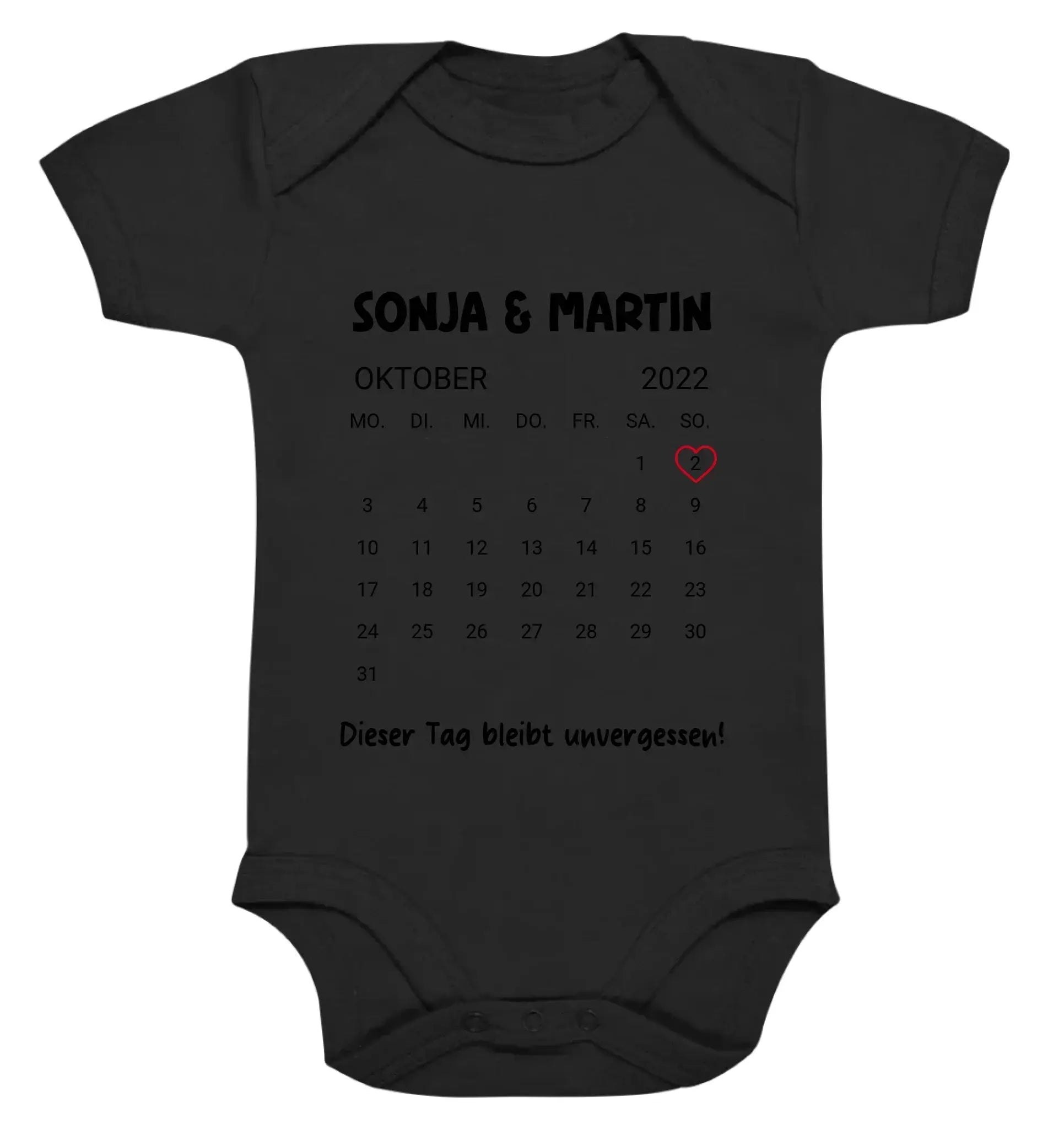 Schwarzer babystrampler mit kalenderdesign oktober 2022 namen sonja und martin kleiner rosa herz statement-collection