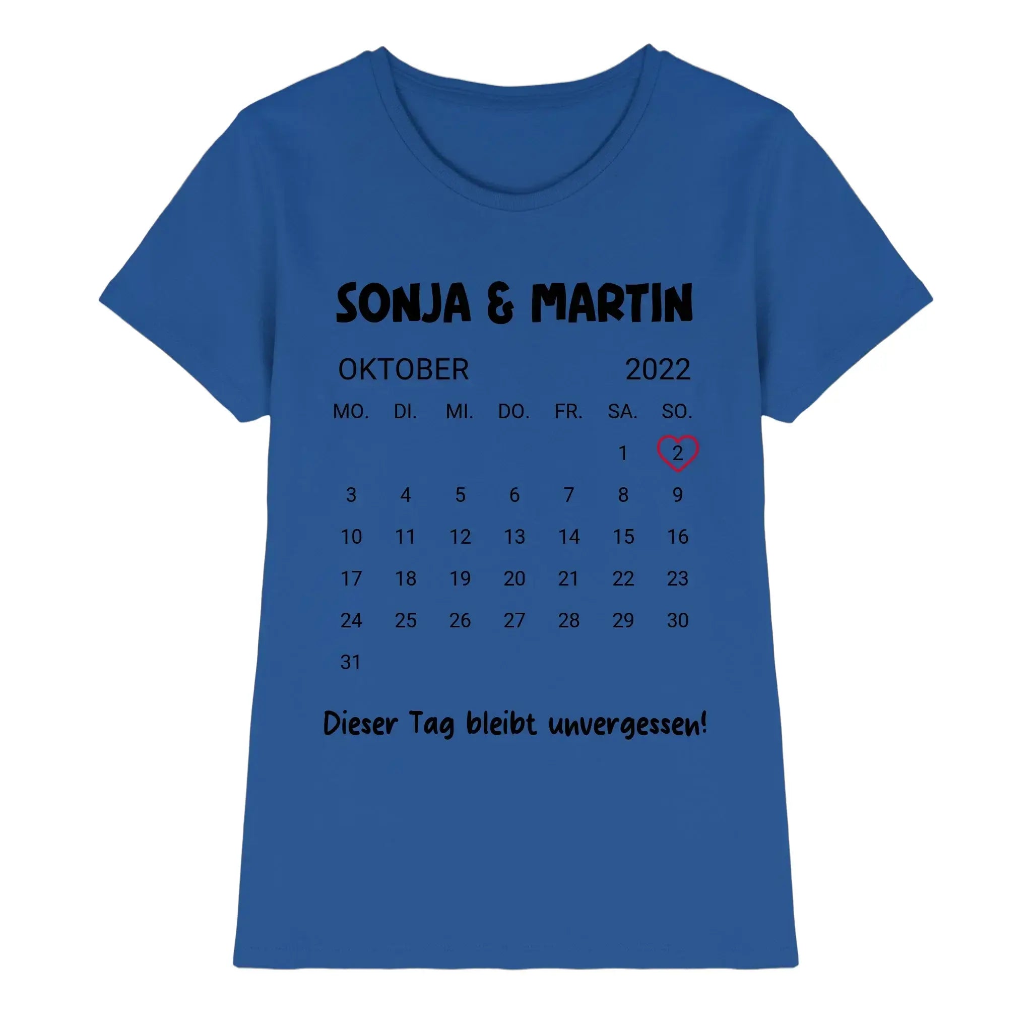 Blaues baumwoll t shirt mit schwarzem kalender oktober 2022 sonja martin und dieser tag bleibt unvergessen text