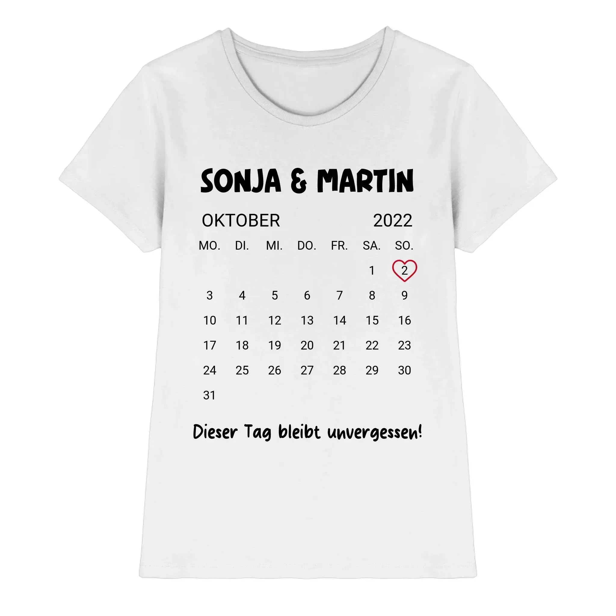 Weiße baumwoll t shirt mit schwarzem oktober 2022 kalenderdruck und rotem herz am 2 für kalender mit wunschdatum