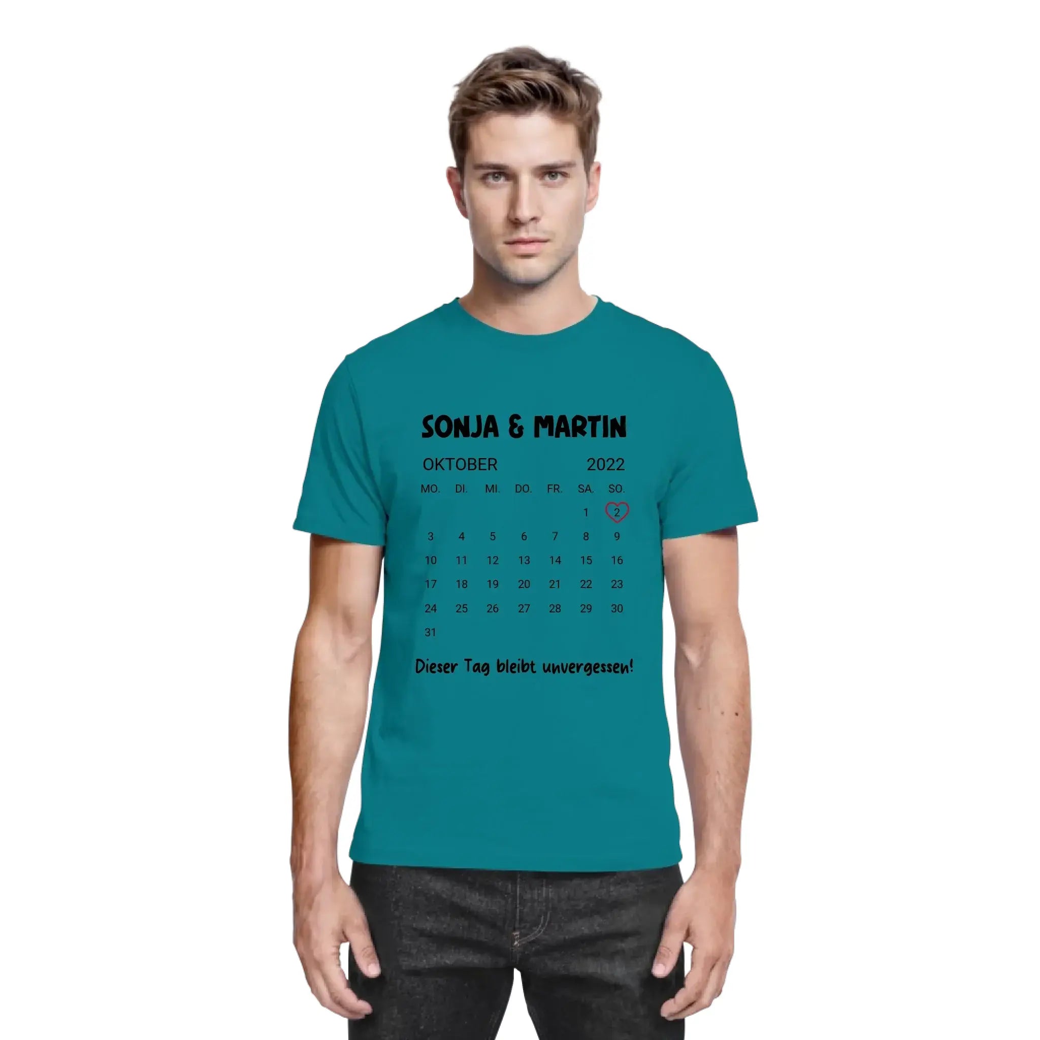 Teal baumwoll t shirt mit schwarzem oktober 2022 kalender und sonja martin spruch aus kalender mit wunschdatum serie