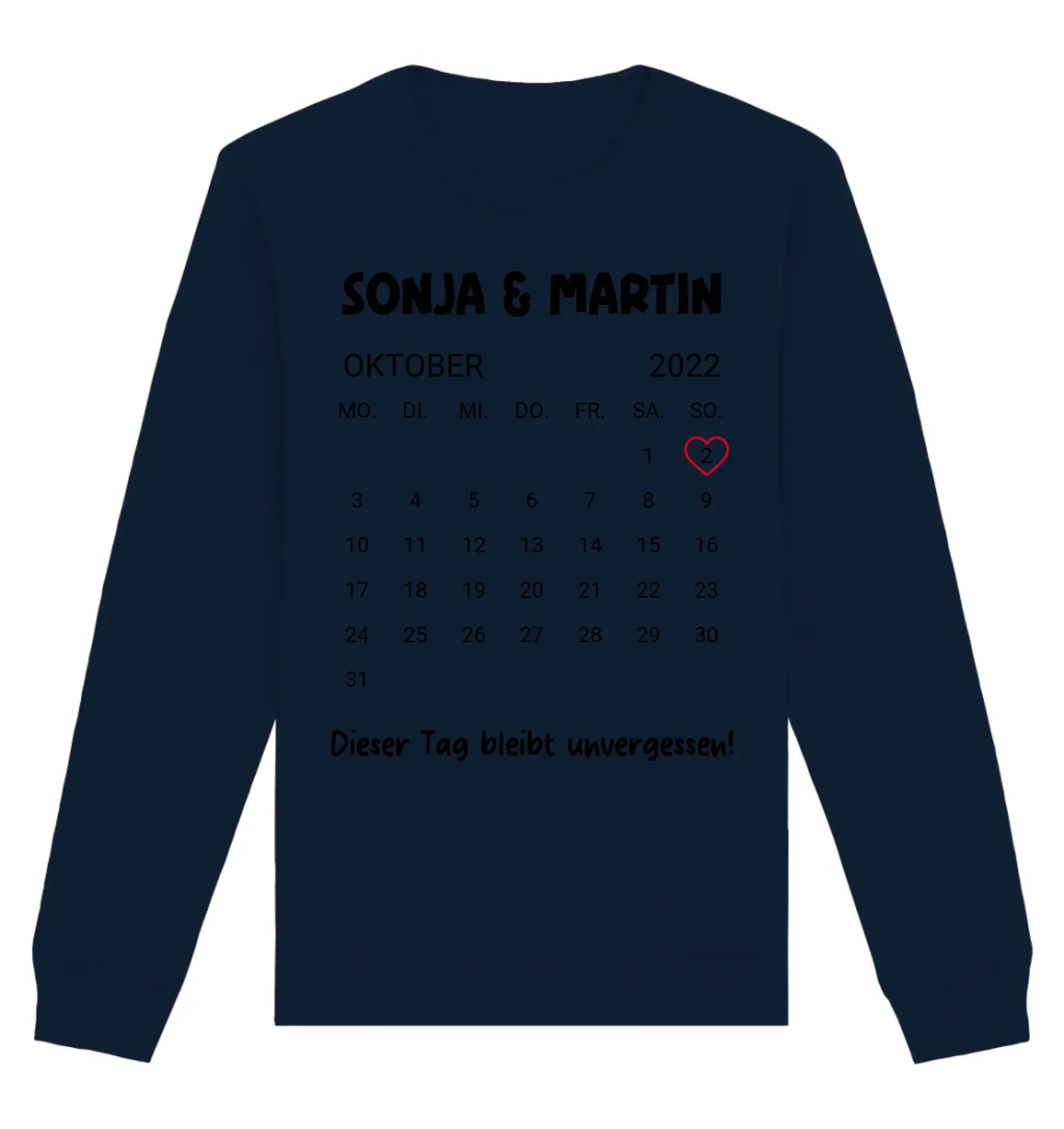 Navyblaues langarmshirt mit schwarzem oktober 2022 kalender auf der rückseite und wunschtext sonja martin dieser tag bleibt unvergessen