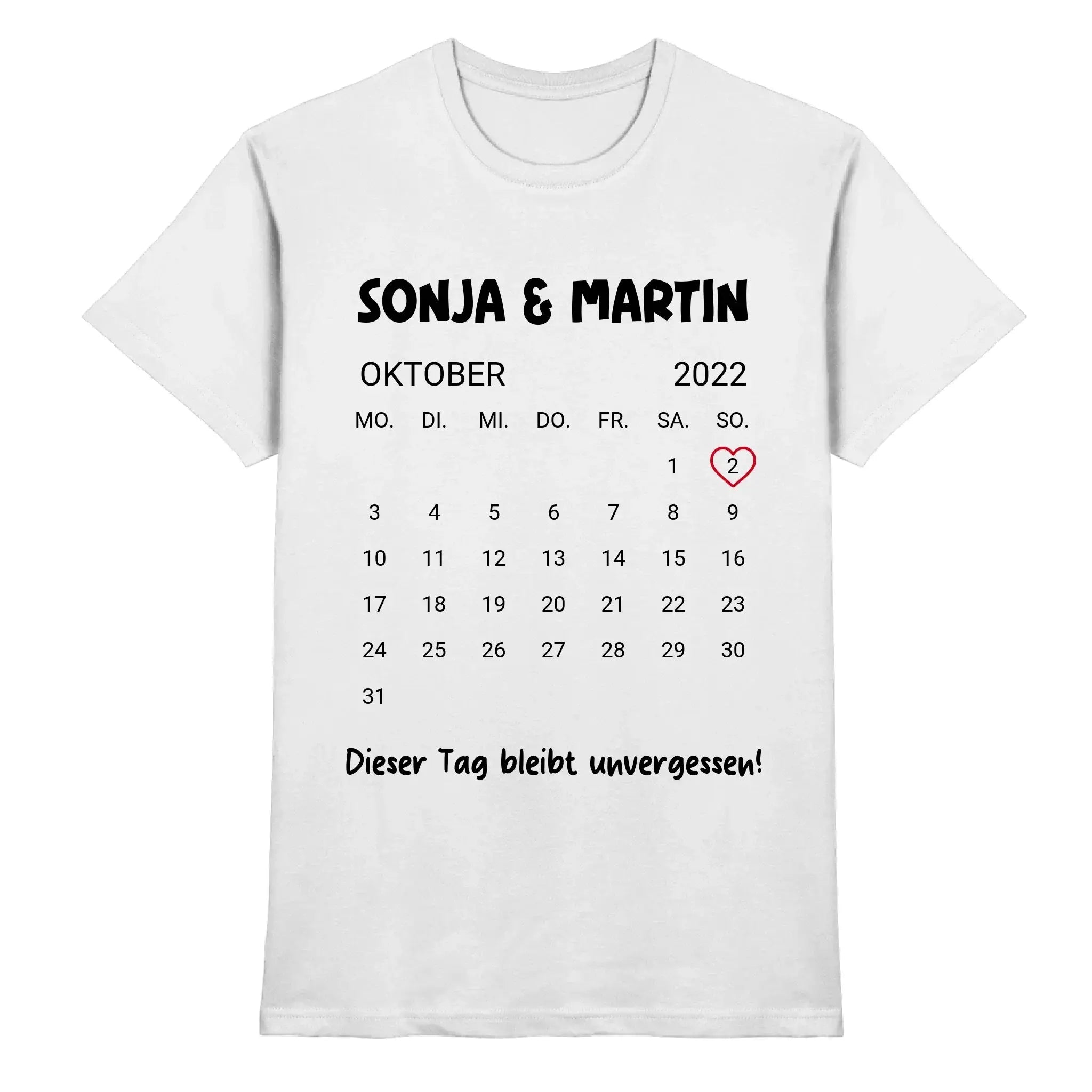 Weißes baumwollshirt mit schwarzem und pinkem kalender oktober 2022 und sonja martin text dieser tag bleibt unvergessen