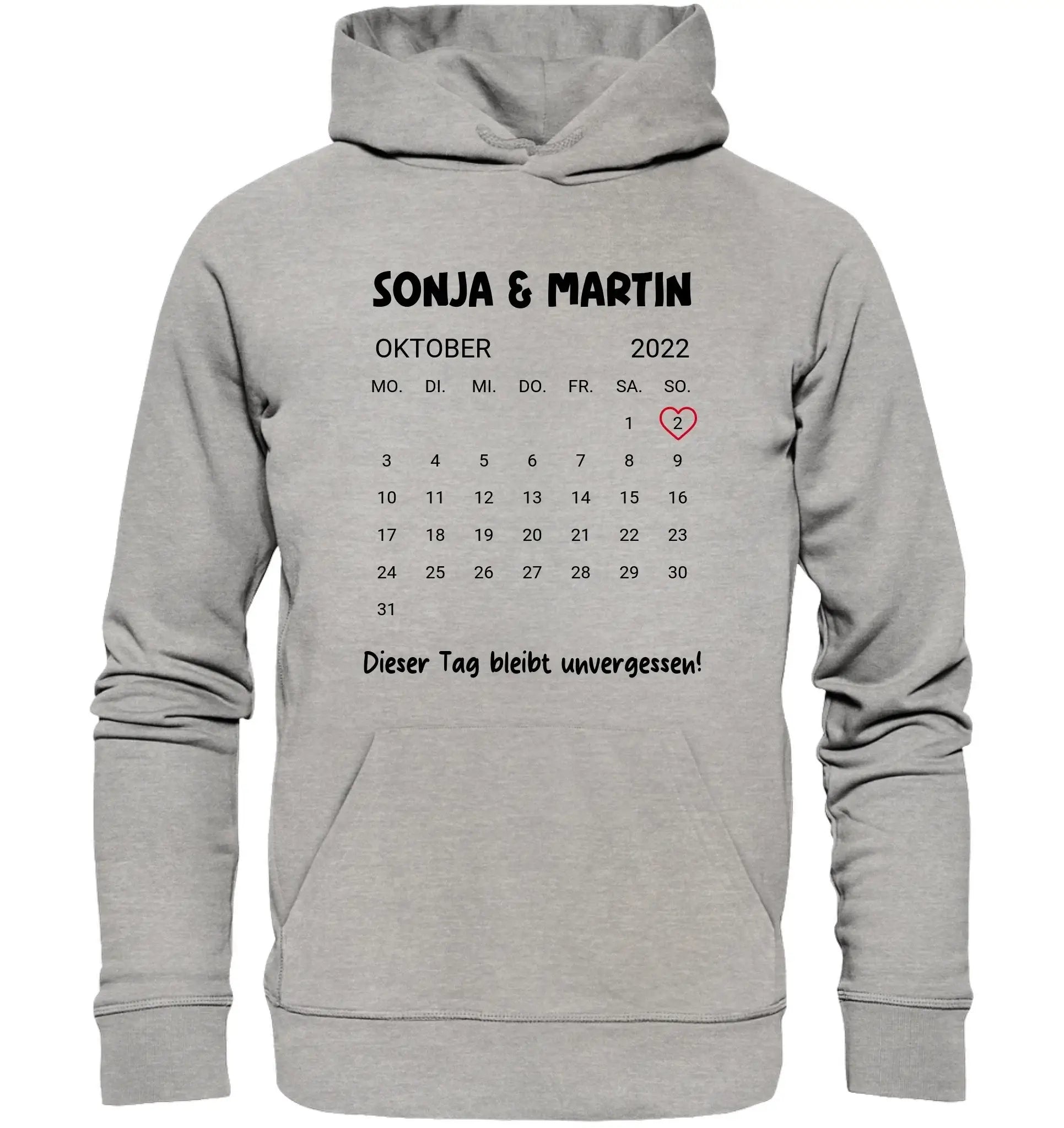 Grauer kapuzenpullover mit schwarzem und pinkem oktober 2022 kalender und namen sonja und martin aus statement collection