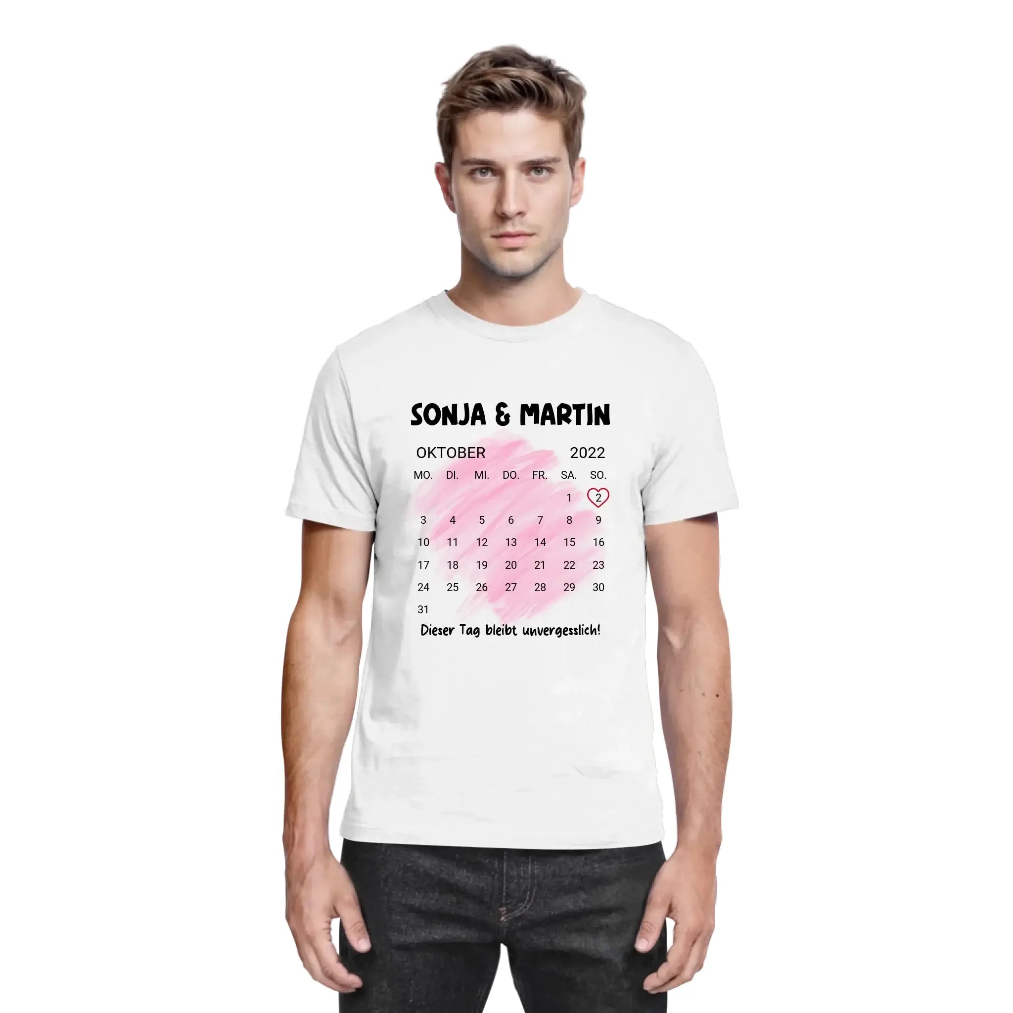 Weißes bio baumwoll t shirt mit rosa aquarell kalender oktober 2022 und namen sonja martin aus der statement collection