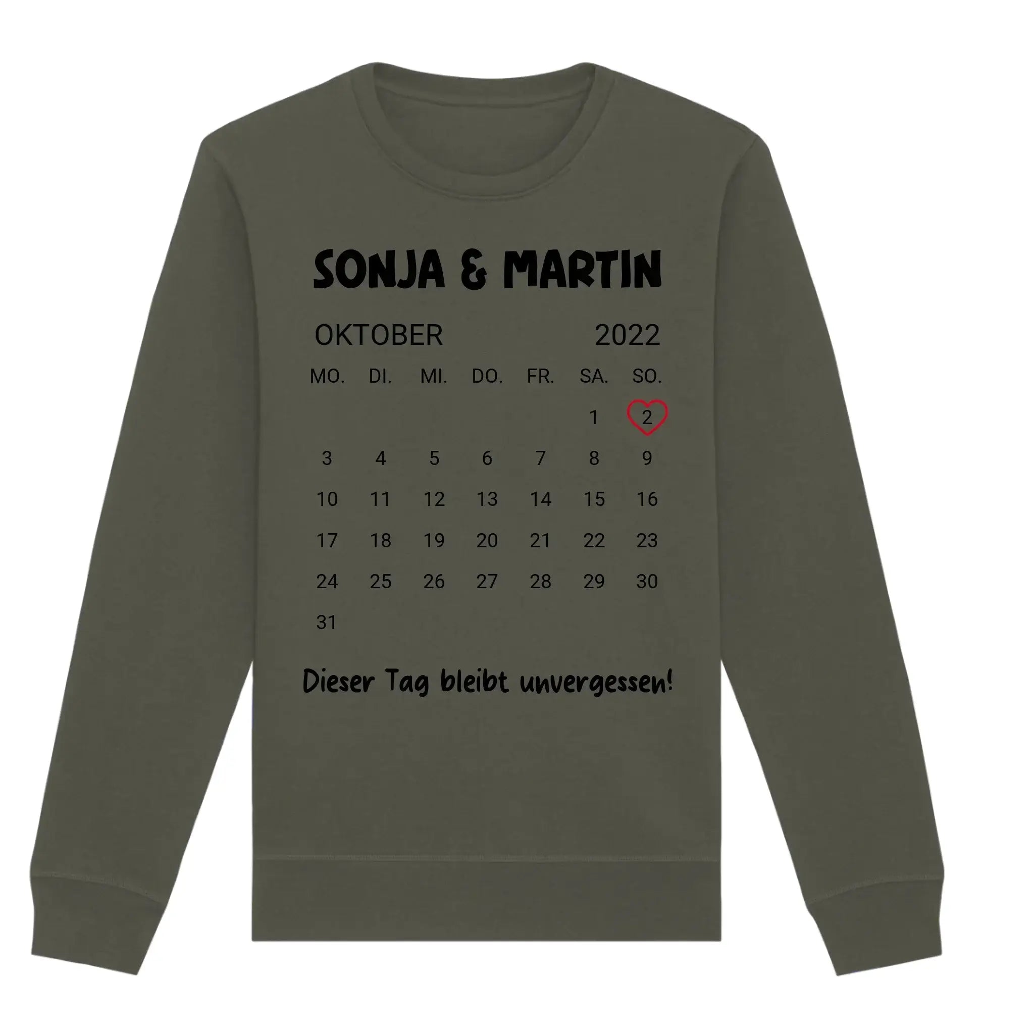 Olivegrüner langarm sweatshirts mit schwarzem oktober 2022 kalender design namens sonja und martin aus der statement collection