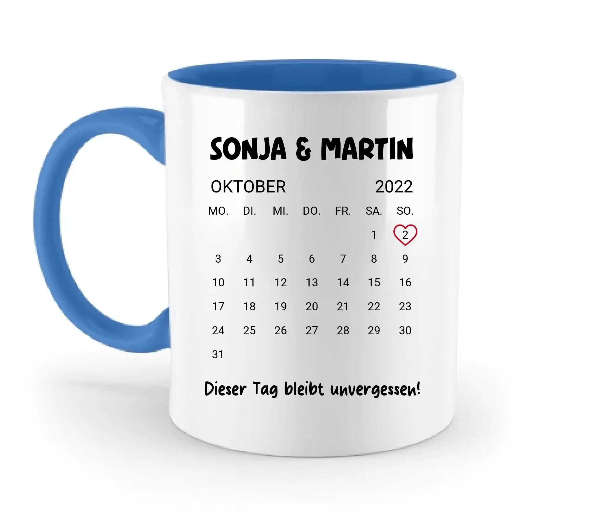 Weiße keramiktasse mit blauem griff und innenfläche, personalisierter kalender oktober 2022, statement-collection