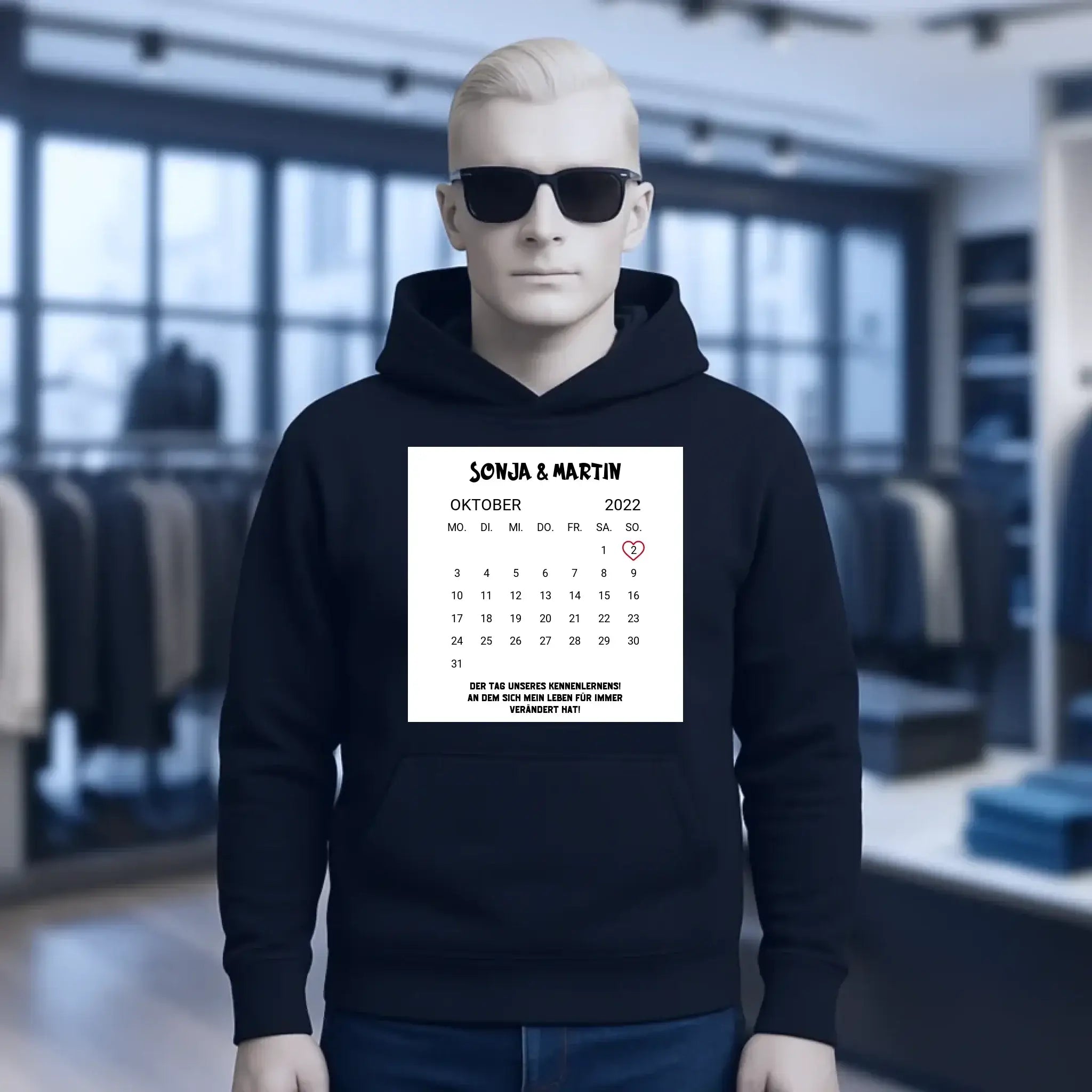 KALENDER-MOTIV mit Datum & Wunschtext • Unisex Hoodie für Damen & Herren • Bio • personalisiert