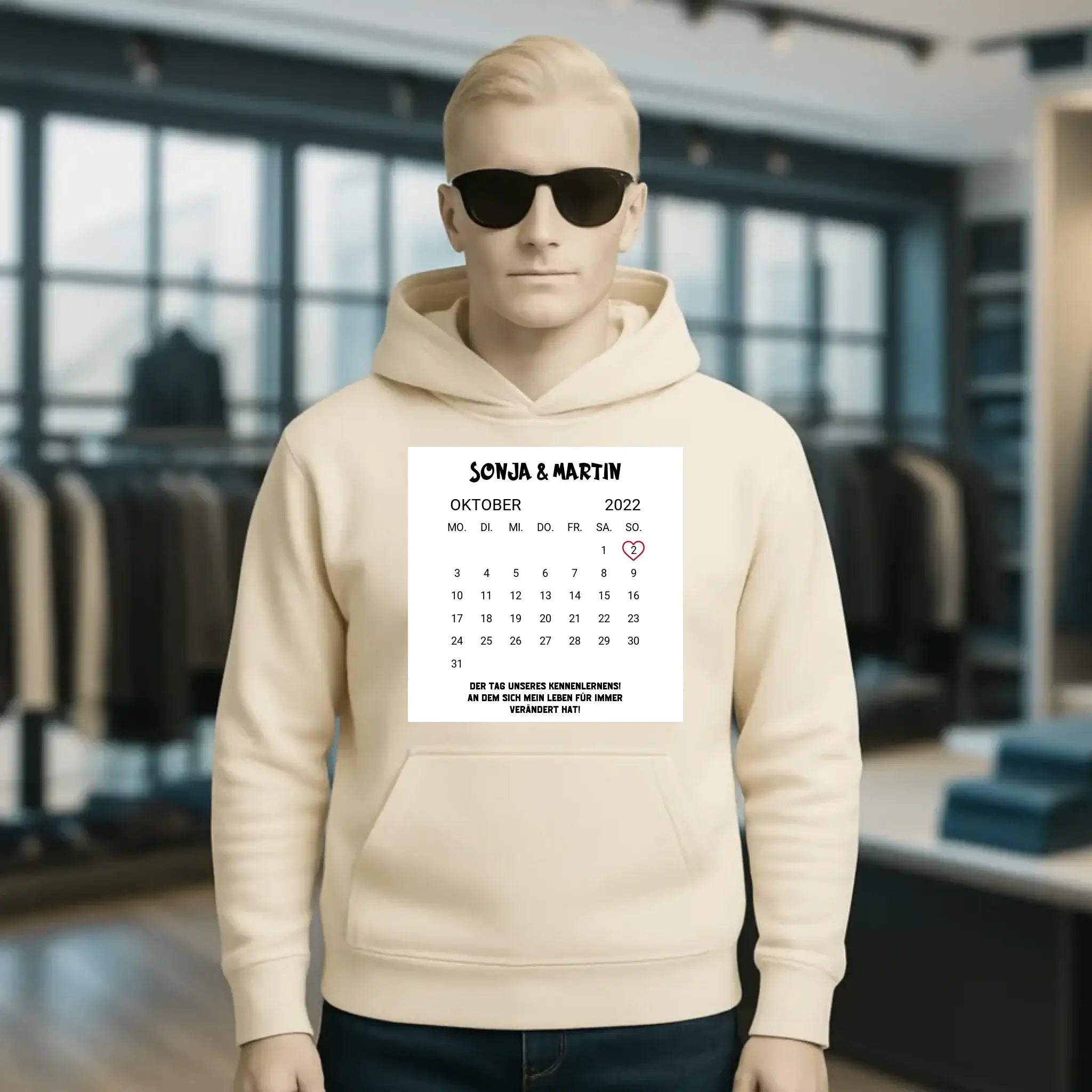 KALENDER-MOTIV mit Datum & Wunschtext • Unisex Hoodie für Damen & Herren • Bio • personalisiert