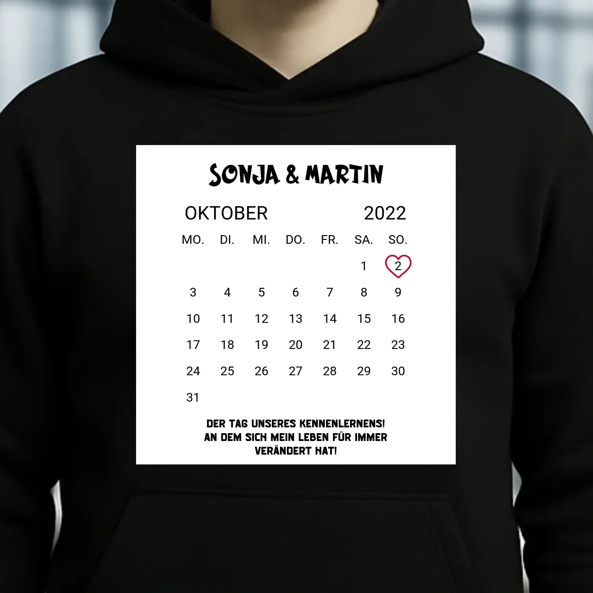KALENDER-MOTIV mit Datum & Wunschtext • Unisex Hoodie für Damen & Herren • Bio • personalisiert