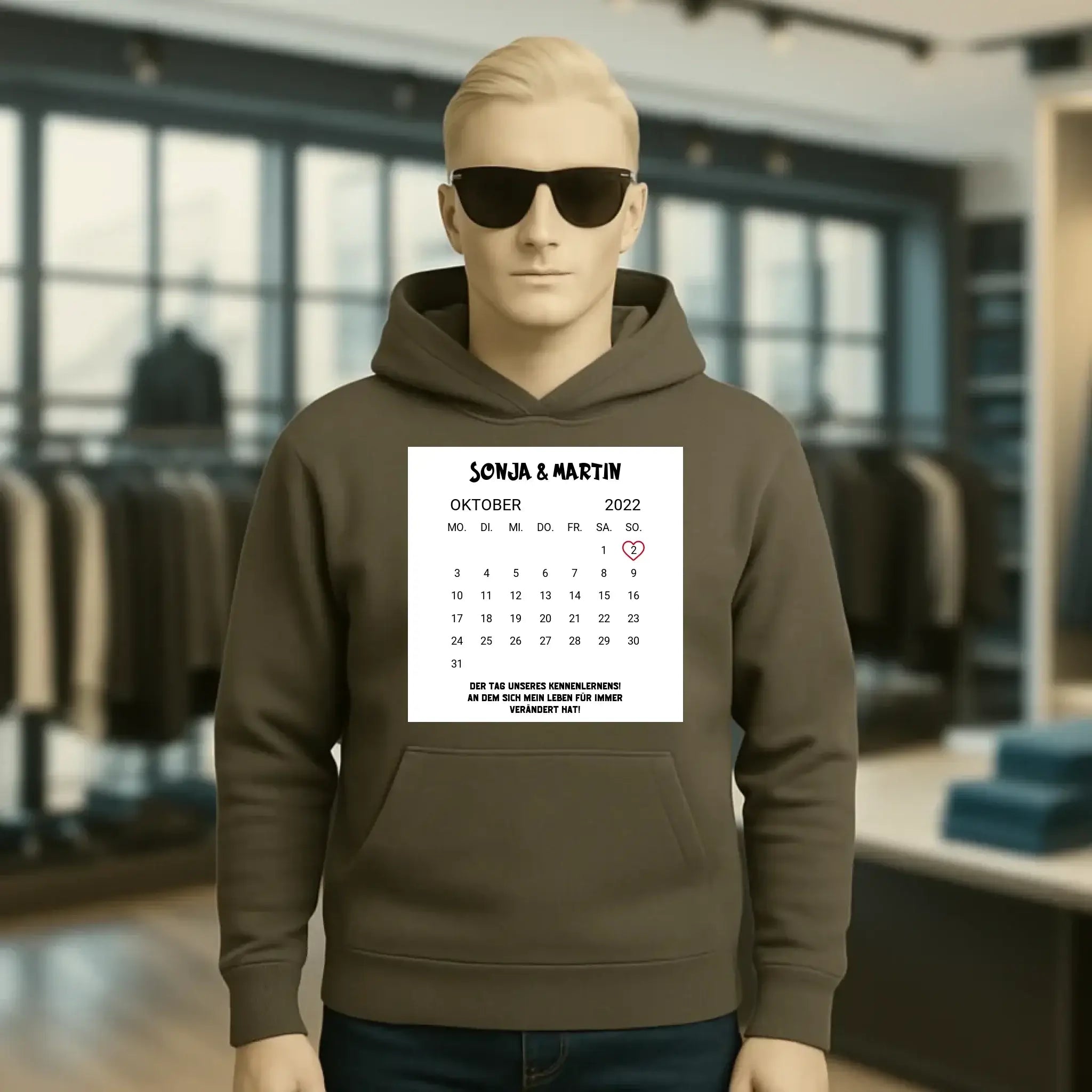 KALENDER-MOTIV mit Datum & Wunschtext • Unisex Hoodie für Damen & Herren • Bio • personalisiert