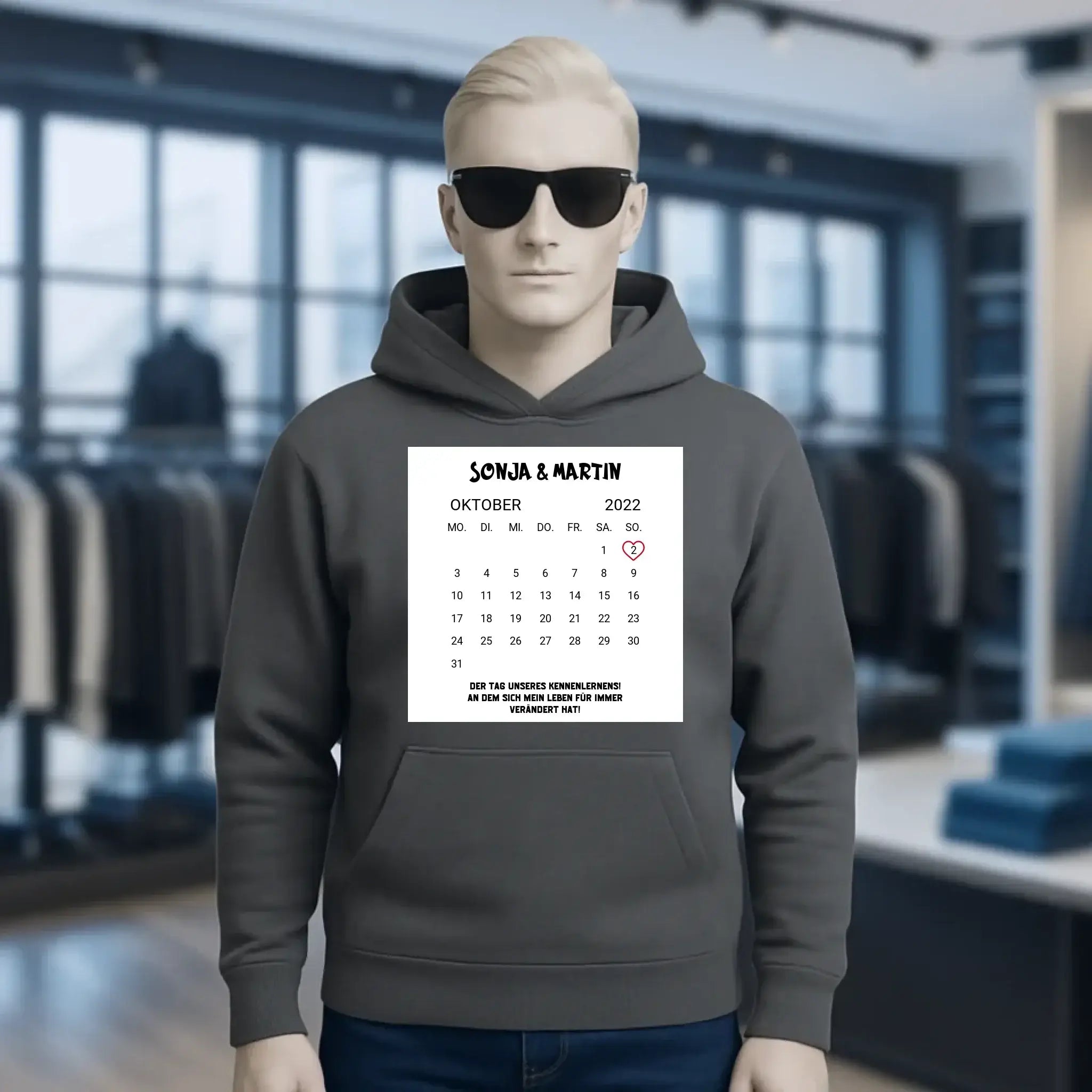KALENDER-MOTIV mit Datum & Wunschtext • Unisex Hoodie für Damen & Herren • Bio • personalisiert