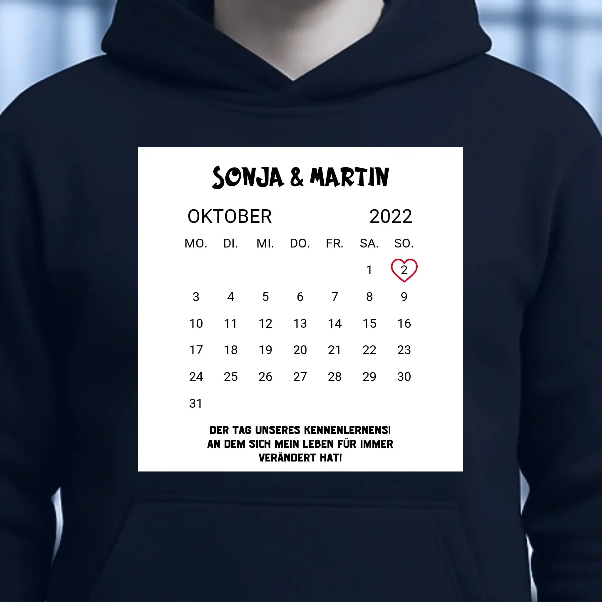 KALENDER-MOTIV mit Datum & Wunschtext • Unisex Hoodie für Damen & Herren • Bio • personalisiert