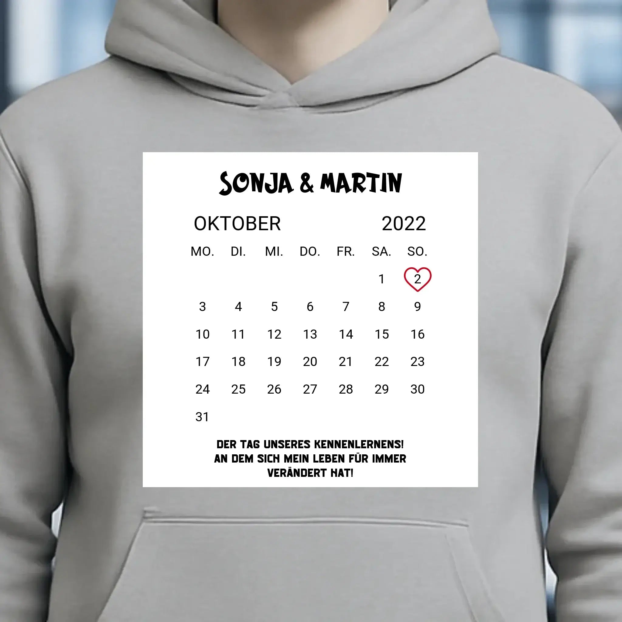 KALENDER-MOTIV mit Datum & Wunschtext • Unisex Hoodie für Damen & Herren • Bio • personalisiert