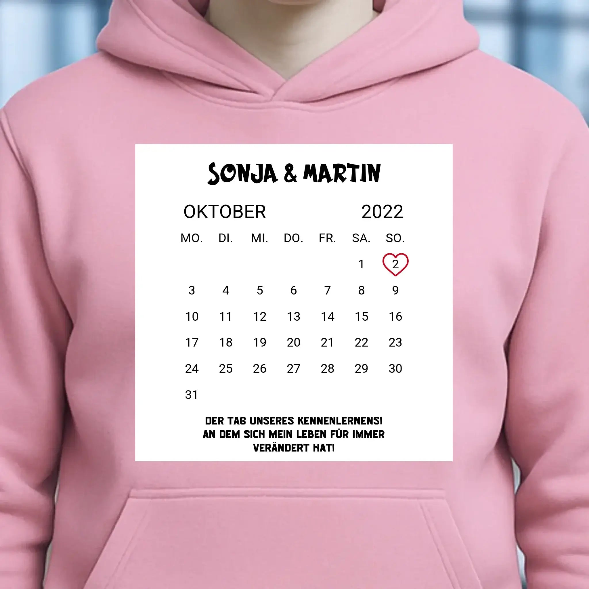 KALENDER-MOTIV mit Datum & Wunschtext • Unisex Hoodie für Damen & Herren • Bio • personalisiert