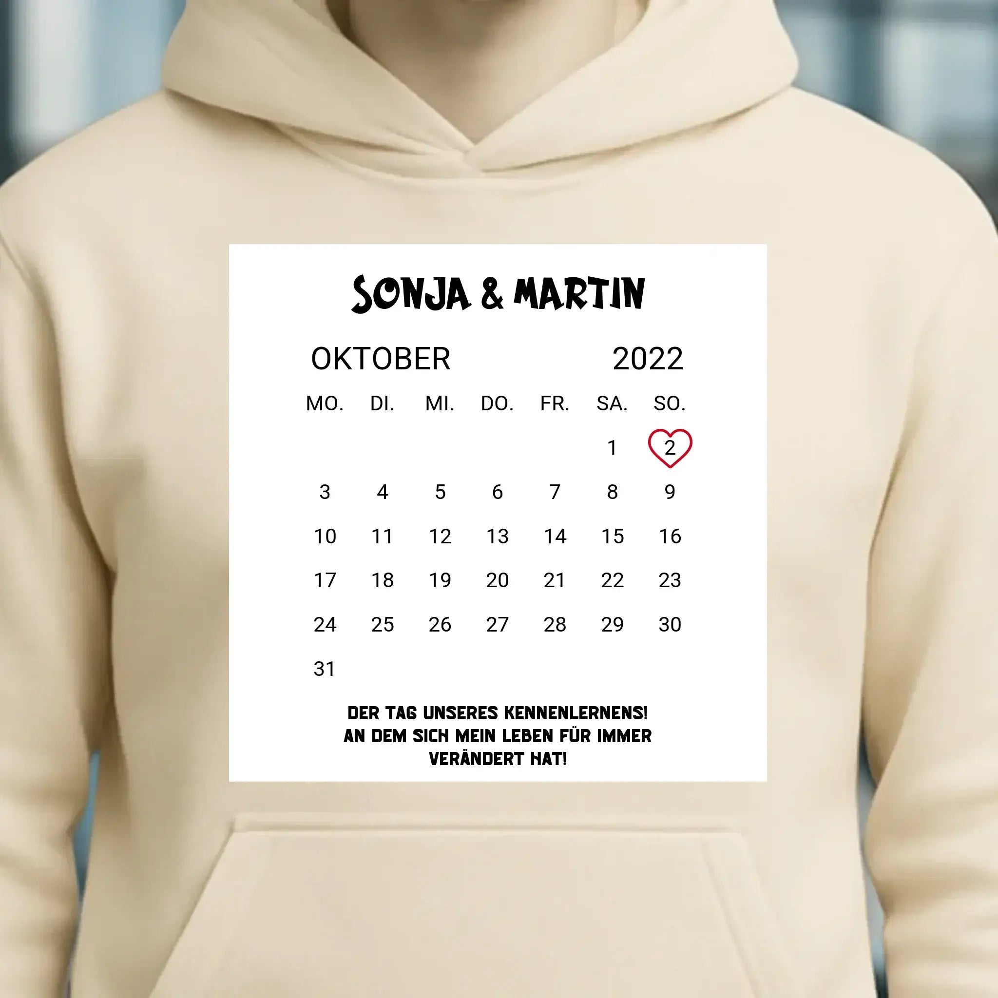 KALENDER-MOTIV mit Datum & Wunschtext • Unisex Hoodie für Damen & Herren • Bio • personalisiert