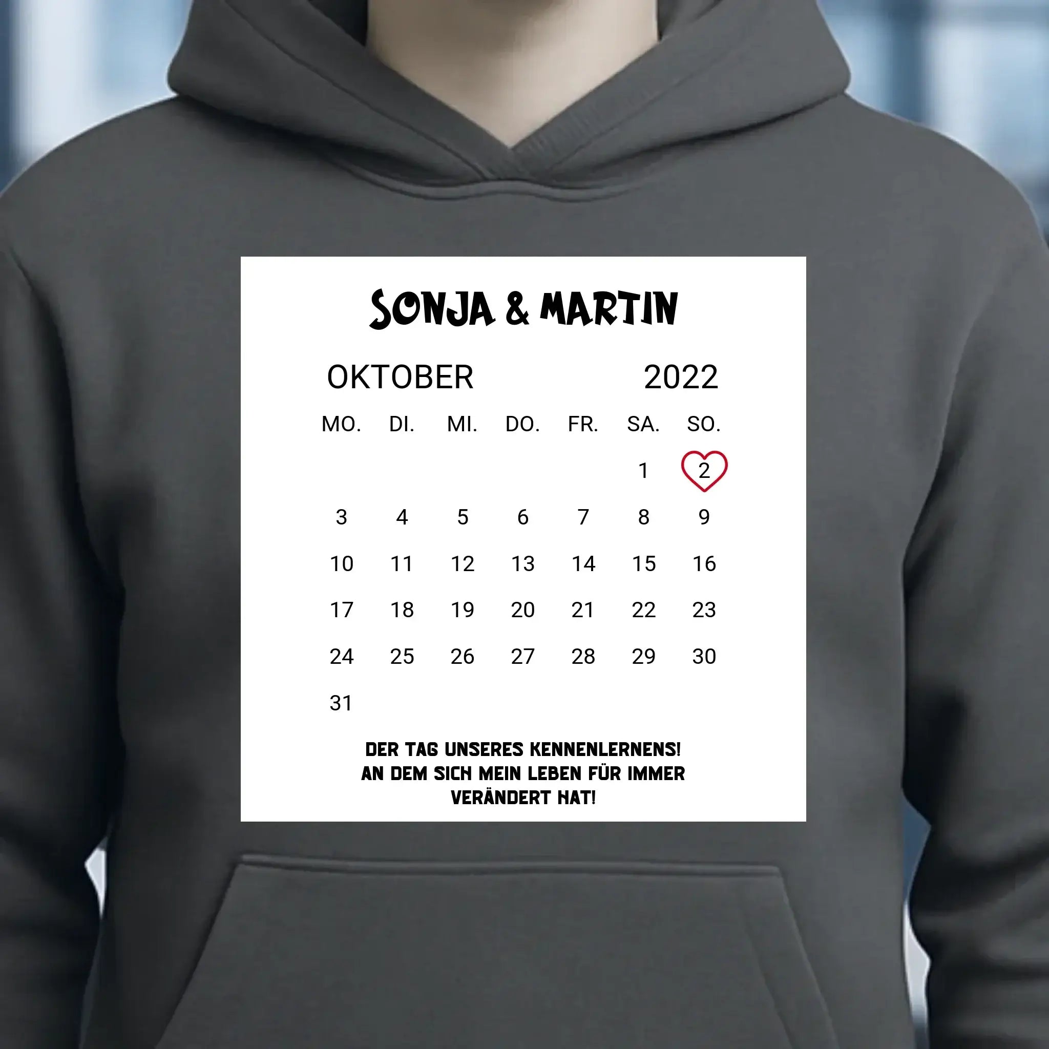 KALENDER-MOTIV mit Datum & Wunschtext • Unisex Hoodie für Damen & Herren • Bio • personalisiert
