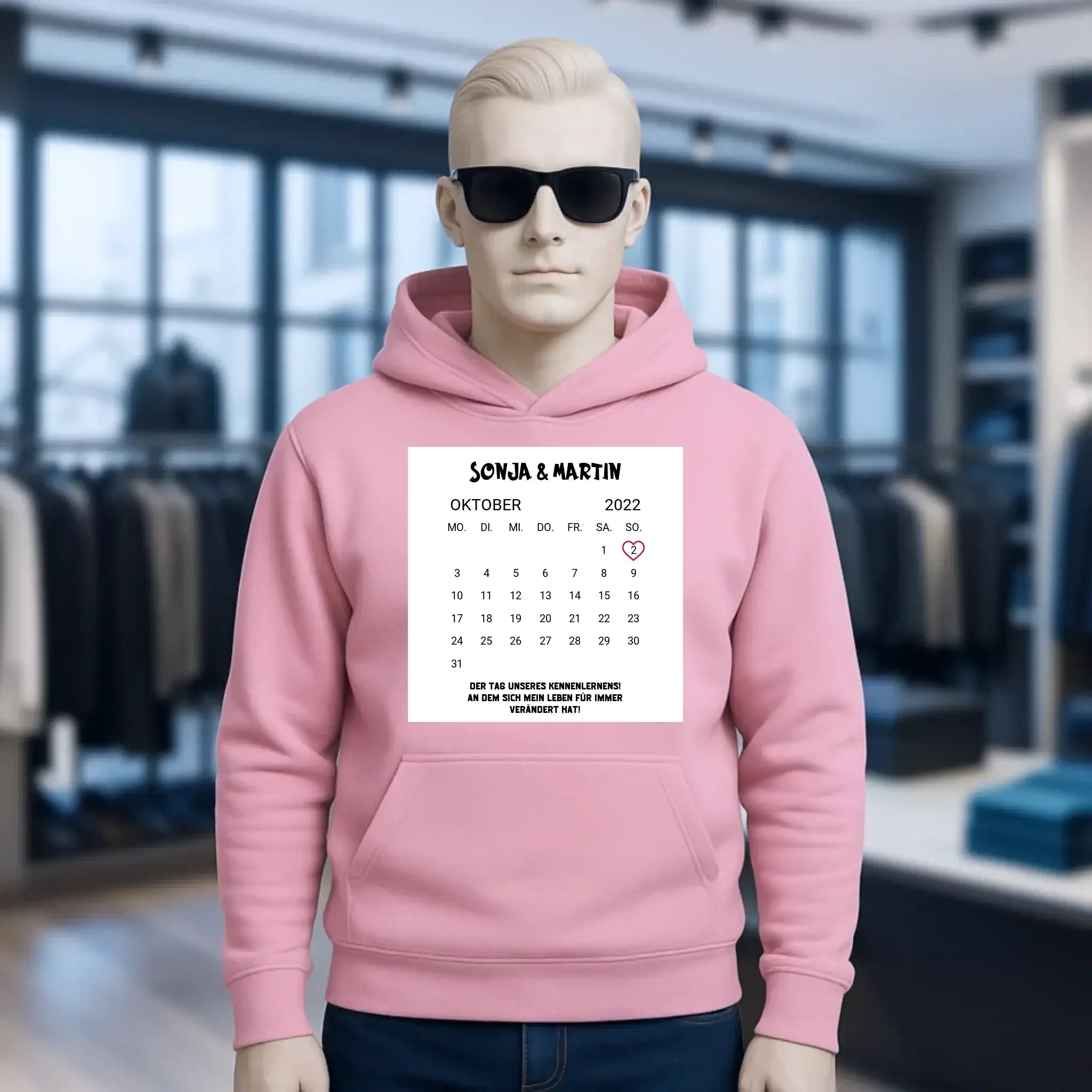 KALENDER-MOTIV mit Datum & Wunschtext • Unisex Hoodie für Damen & Herren • Bio • personalisiert