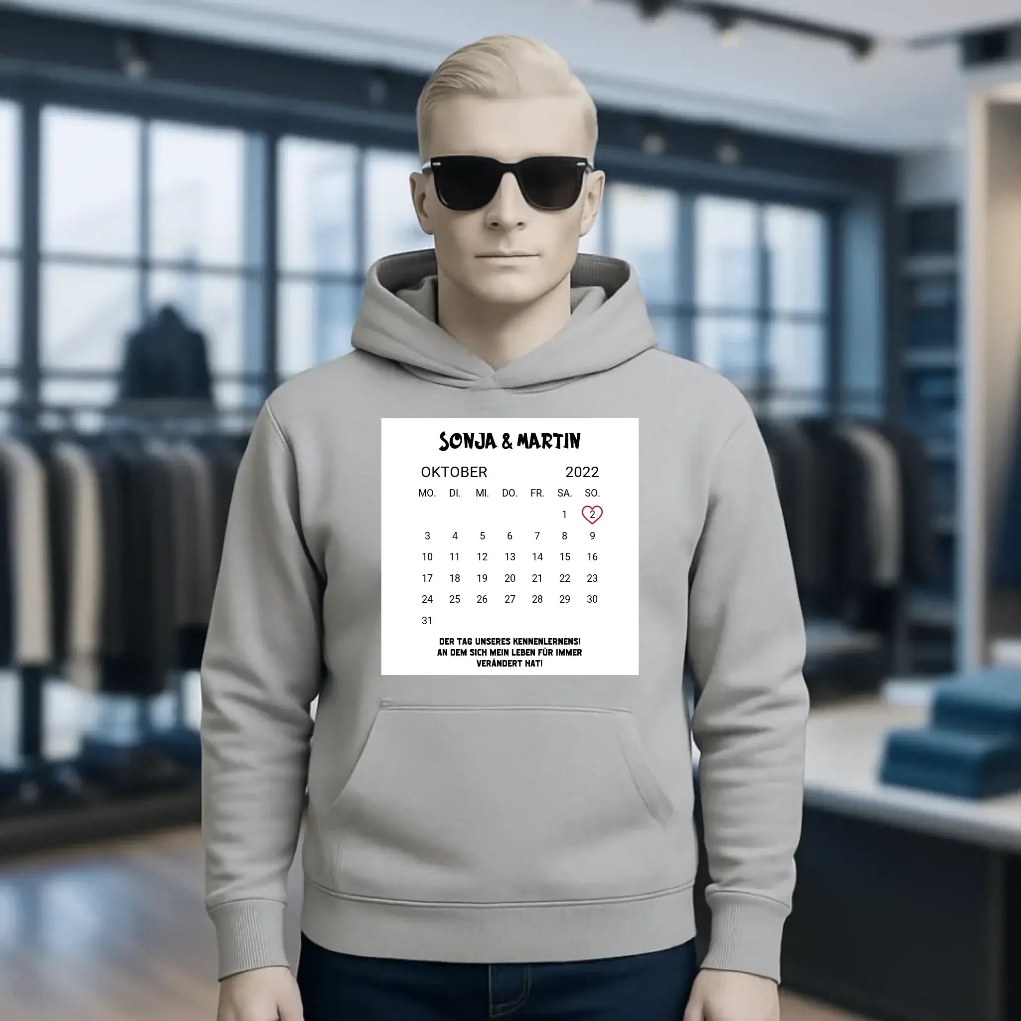 KALENDER-MOTIV mit Datum & Wunschtext • Unisex Hoodie für Damen & Herren • Bio • personalisiert