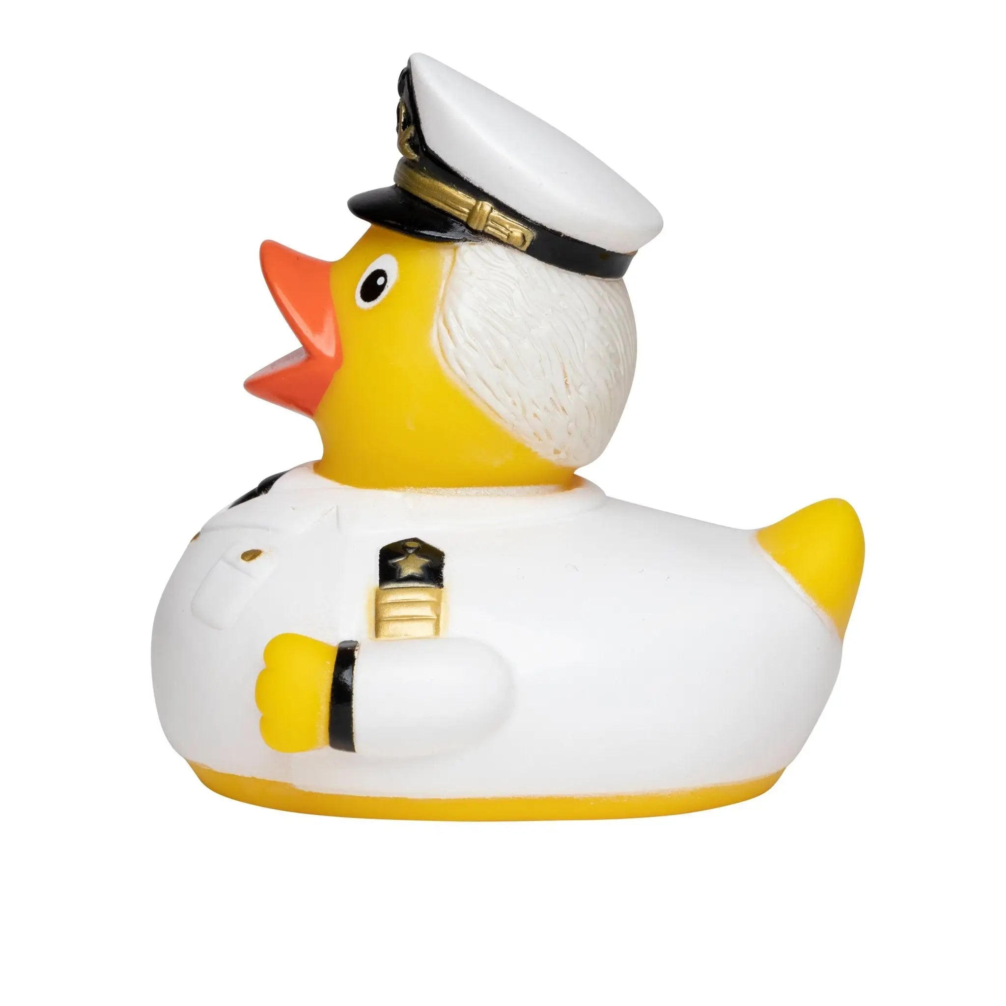 Ein gelber Gummiente als Kapitän in weißer Uniform mit goldakzenten und weißer Marinekappe zum Baden