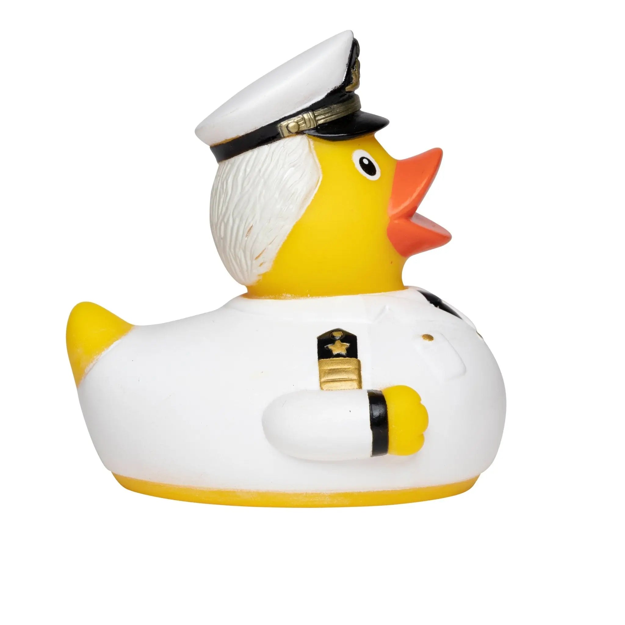Gelbe quietsche-ente als kapitän mit weißem haar, weißer schirmmütze und marineuniform mit goldinsignien