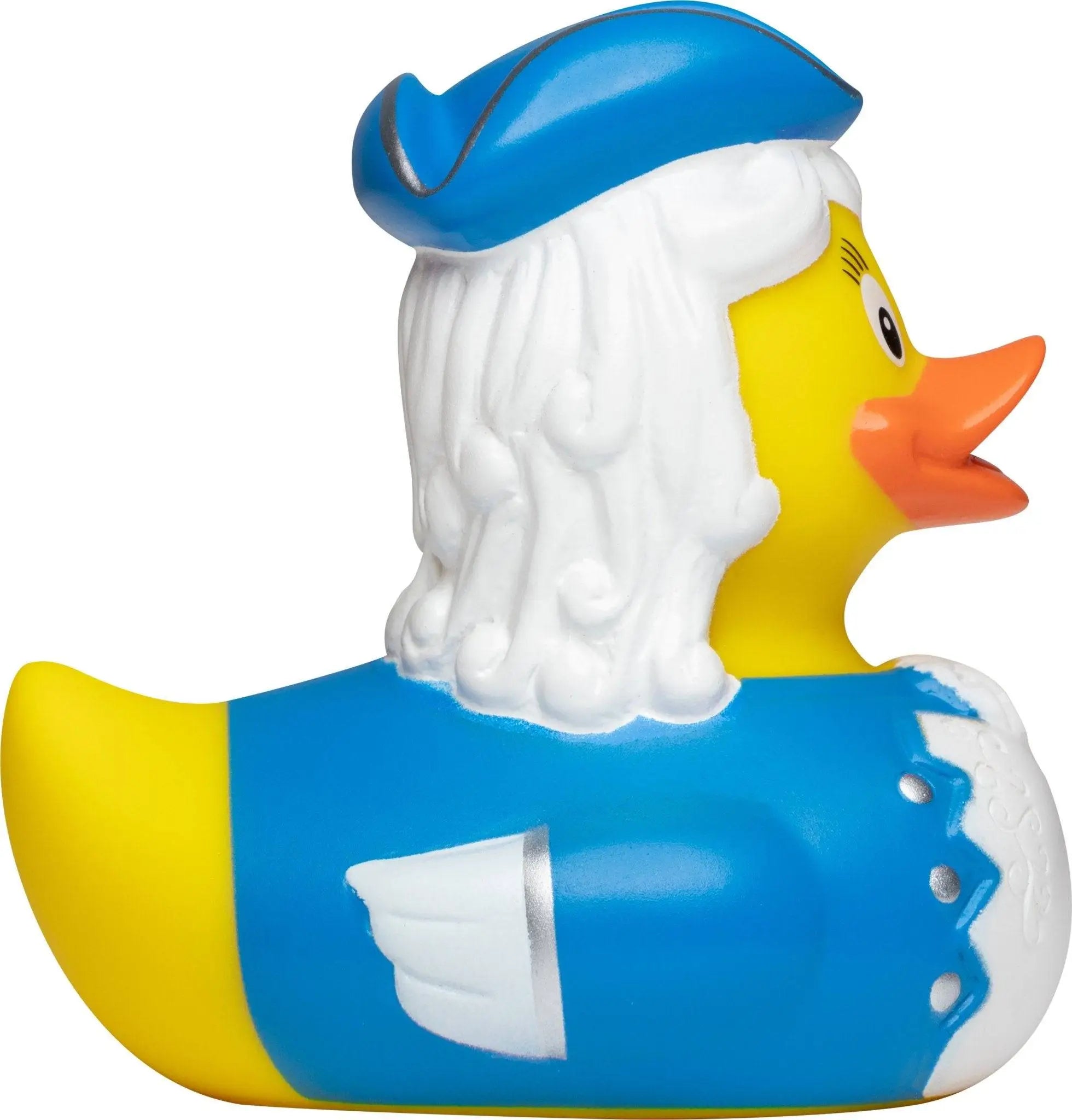 Eine gelbe quietsche-ente mit blauem piratenhut, weißem bart und blauem weste mit silberknöpfen aus karneval series