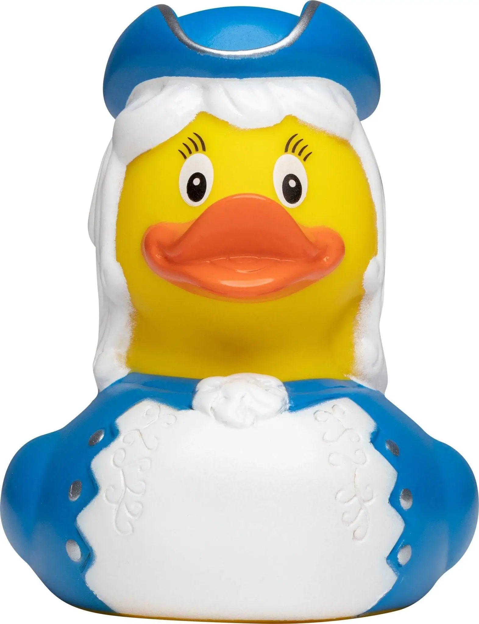Blaue und weiße gummiente mit krone und cape als funkenmariechen für karneval und fasching