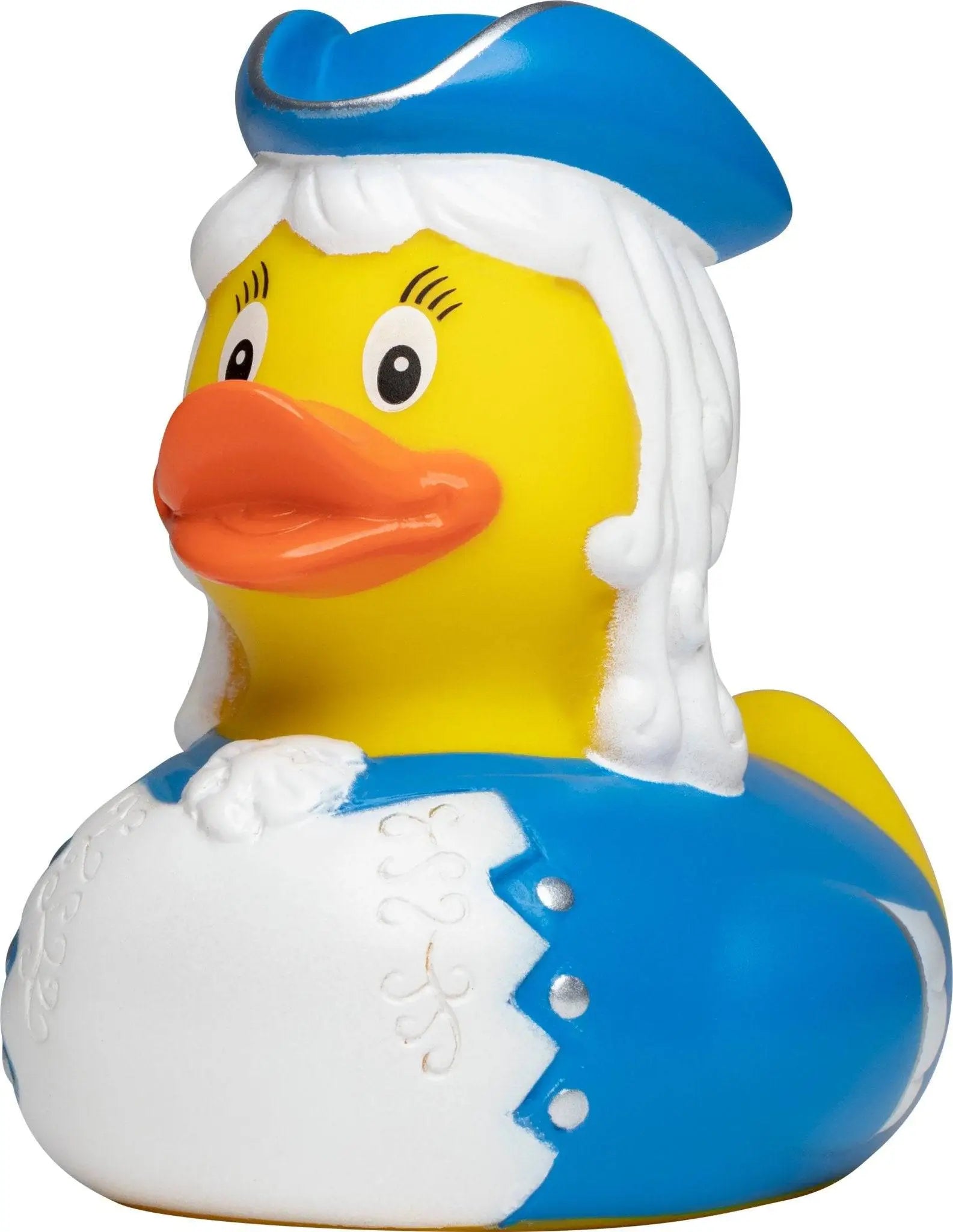 Gelbe Quietsche-Ente als Funkenmariechen mit weißem Haar blauem Dreispitz und blau-weißem Outfit mit silberknöpfen