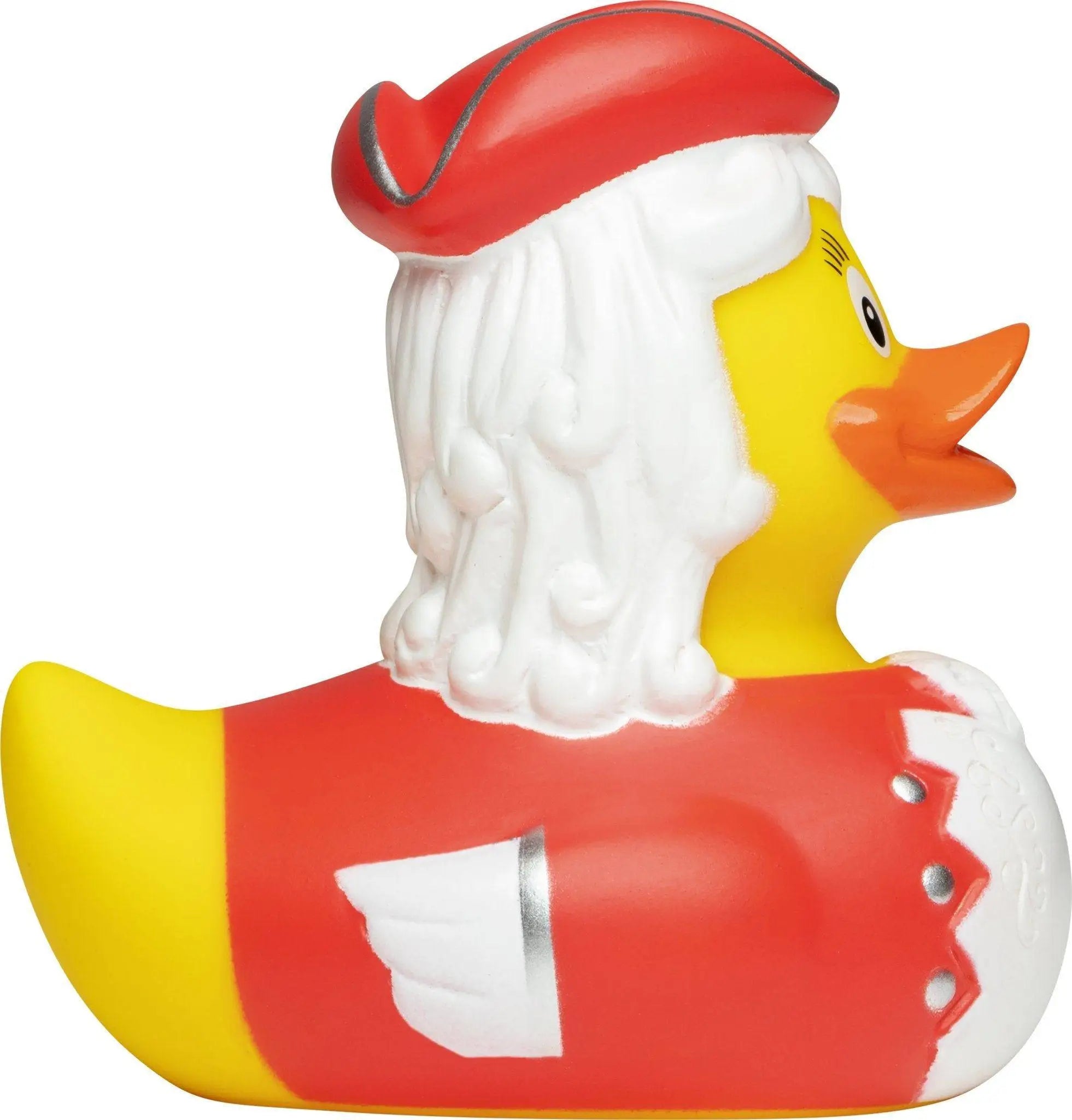 Gelbe quietscheente als pirat mit rotem hut weißem bart und rotem outfit mit silberknöpfen karneval fasching