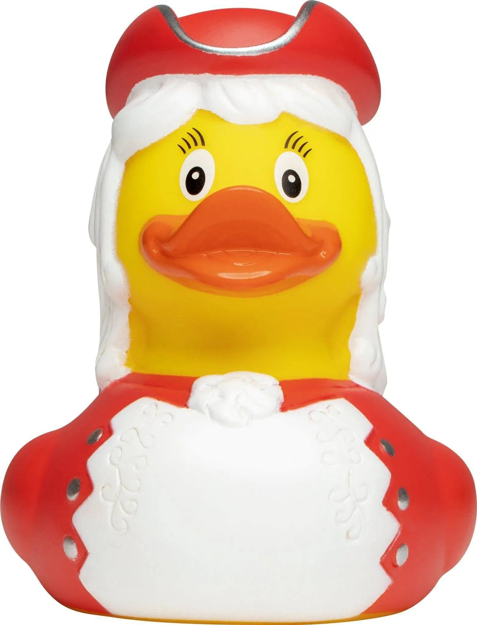 Eine gelbe quietscheente als funkenmariechen in rot mit weihnachtsmütze und weißem pelzkragen