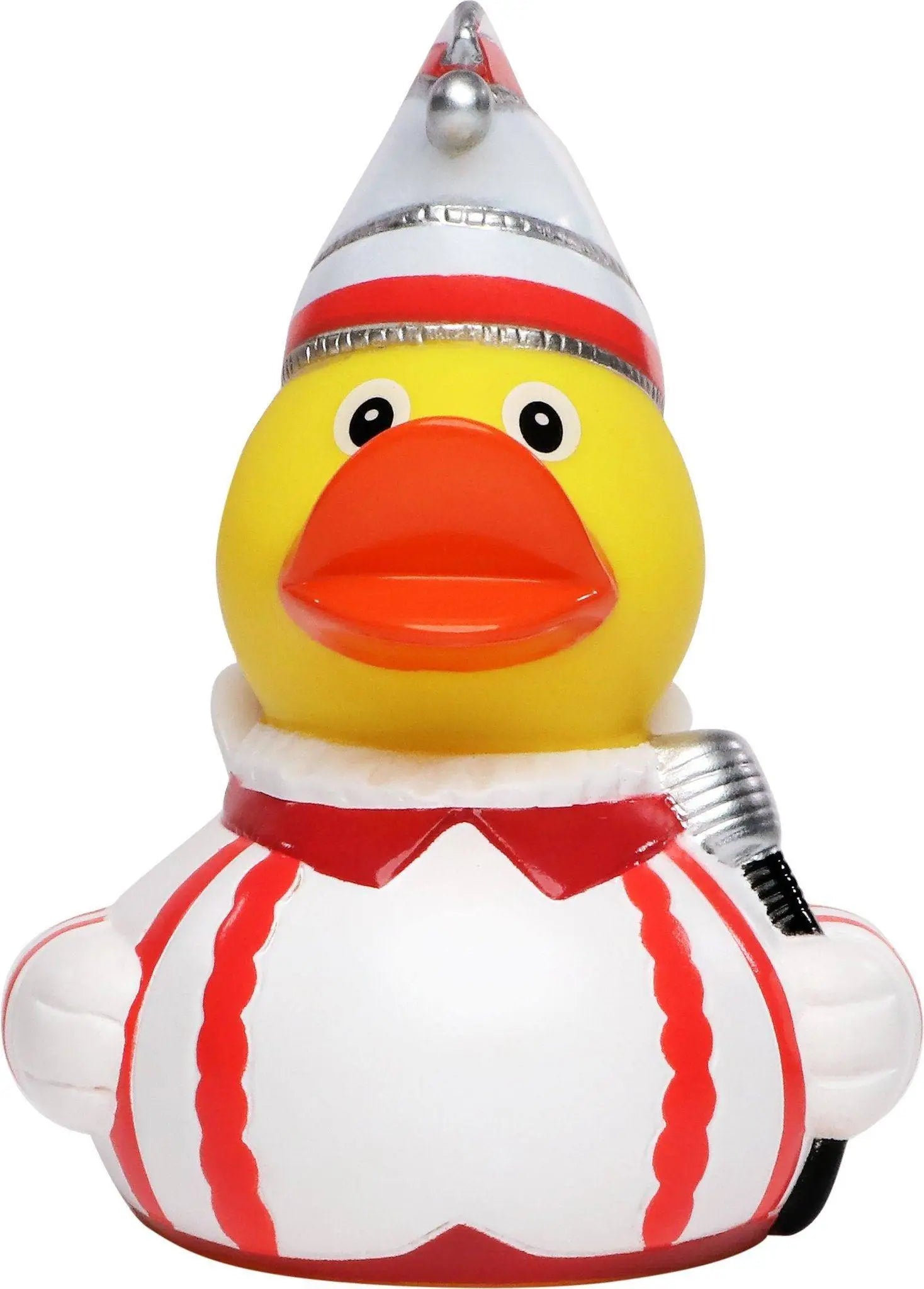 Eine gelbe quietscheente als karnevalsprinz mit weiß rot gestreiftem hut und mikrofon, ideal für fasching