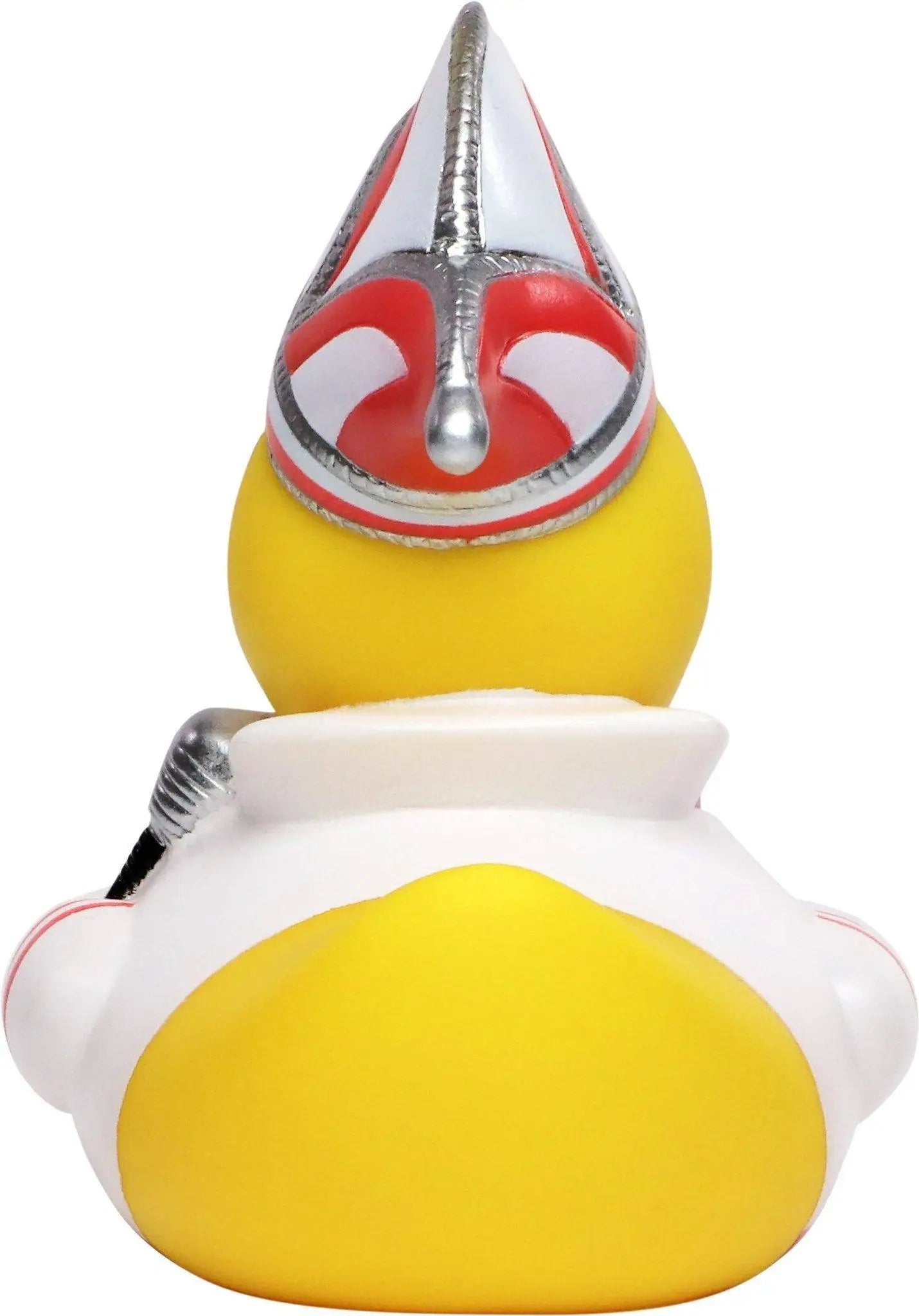 Gelbe quietscheente mit rotem und silbernem helm mit weißen akzenten für karneval und fasching