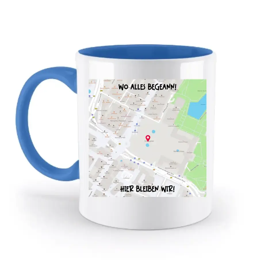 Karten-Generator Quadrat mit echtem Ort und deinem Text • zweifarbige Tasse • Exklusivdesign • personalisiert
