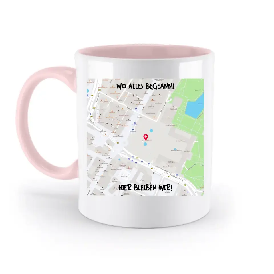 Karten-Generator Quadrat mit echtem Ort und deinem Text • zweifarbige Tasse • Exklusivdesign • personalisiert