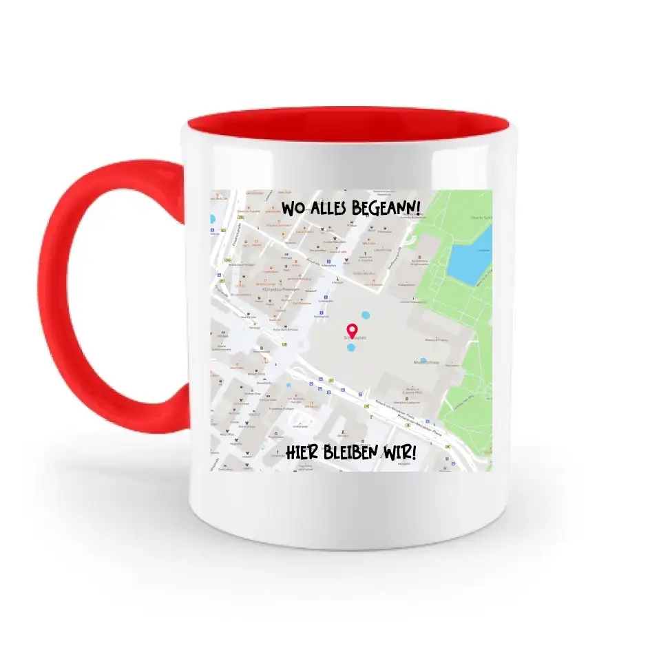 Karten-Generator Quadrat mit echtem Ort und deinem Text • zweifarbige Tasse • Exklusivdesign • personalisiert