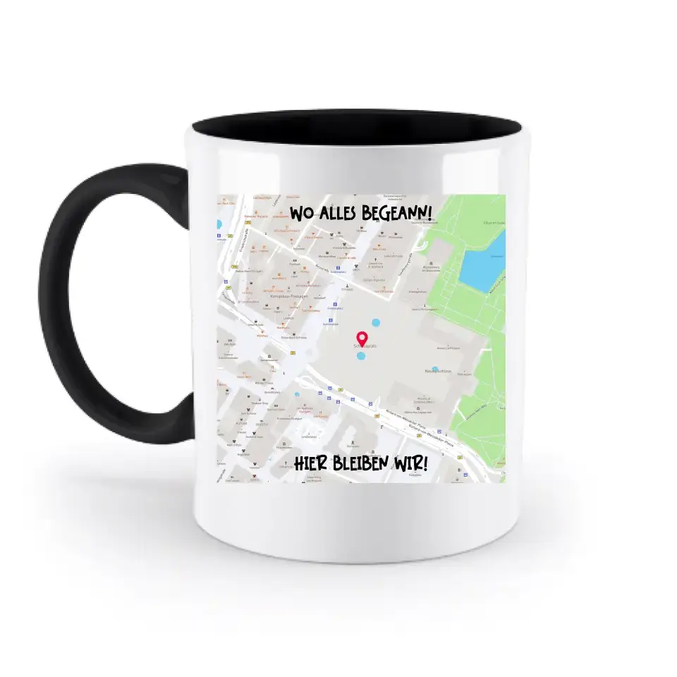 Karten-Generator Quadrat mit echtem Ort und deinem Text • zweifarbige Tasse • Exklusivdesign • personalisiert