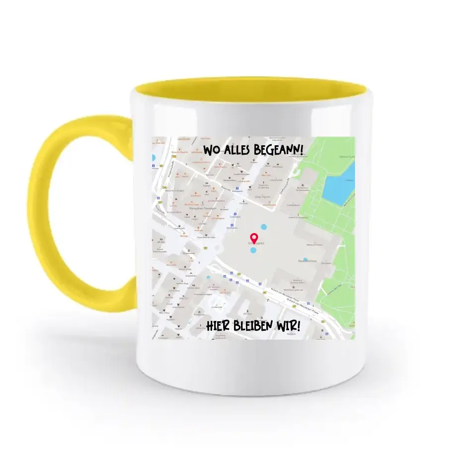 Karten-Generator Quadrat mit echtem Ort und deinem Text • zweifarbige Tasse • Exklusivdesign • personalisiert
