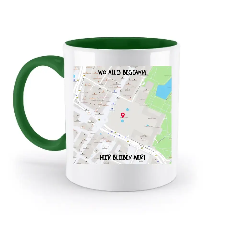 Karten-Generator Quadrat mit echtem Ort und deinem Text • zweifarbige Tasse • Exklusivdesign • personalisiert