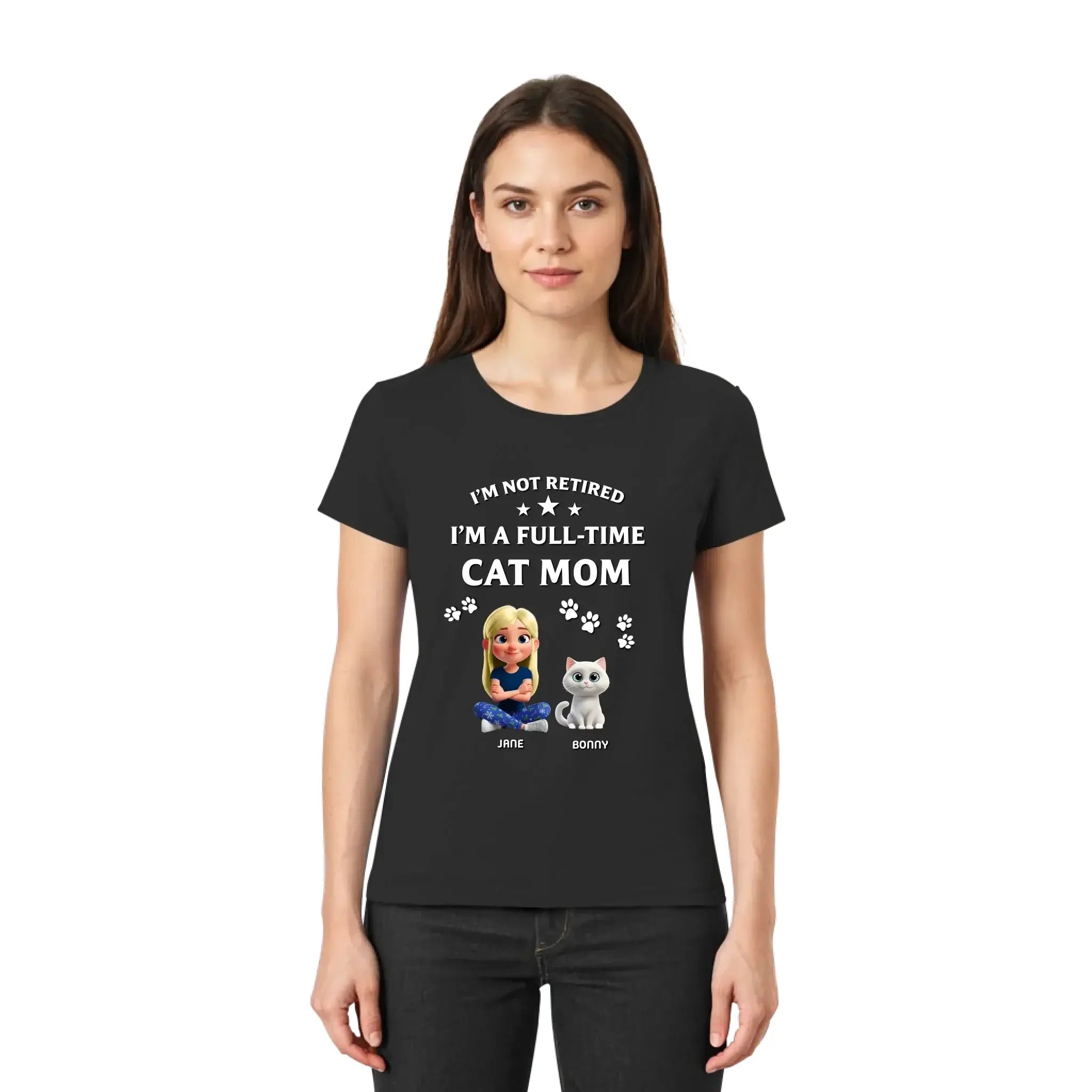 Schwarzes kurzarmshirt mit weißem text und cartoon frau mit katze personalisiert mit namen jane und bonny
