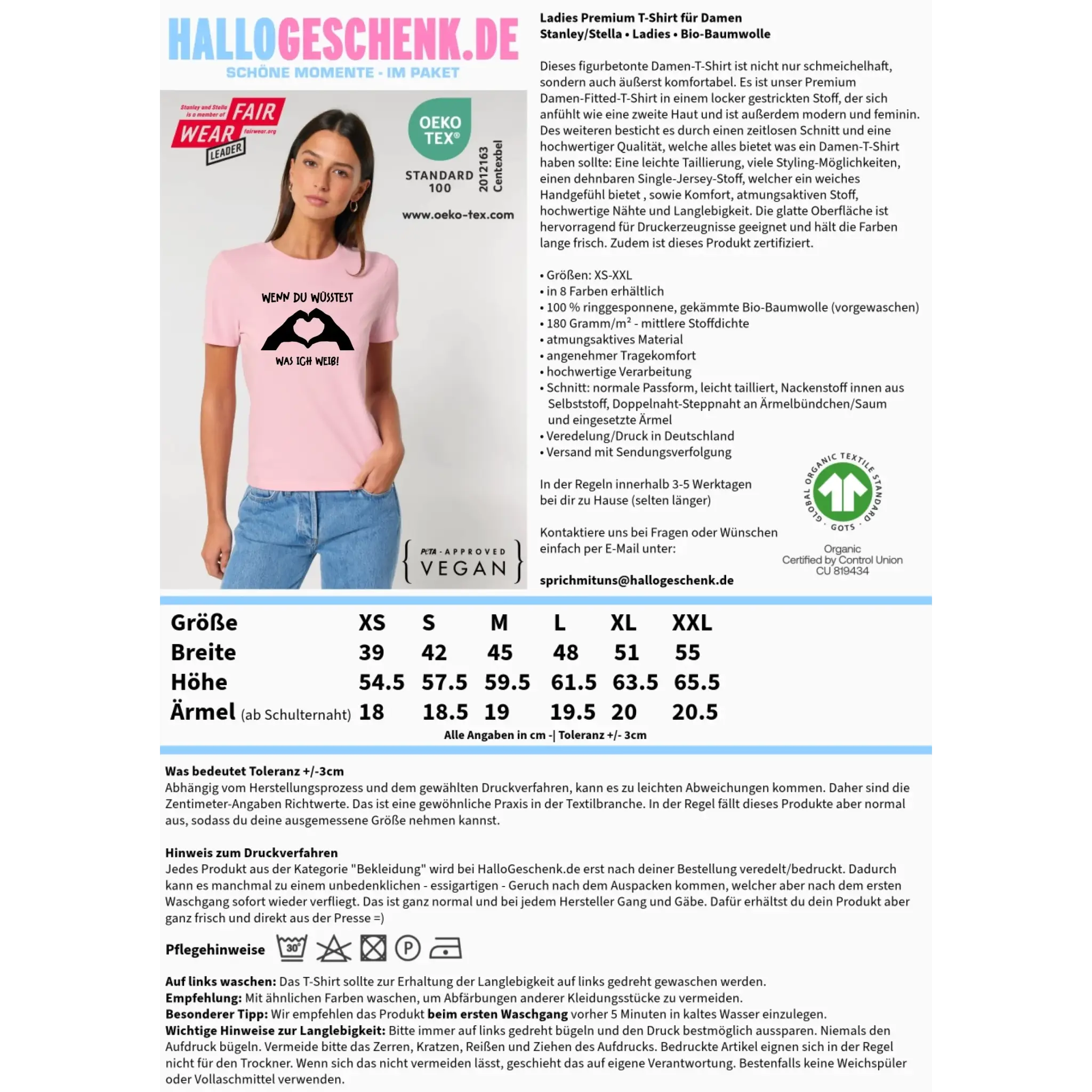 Keine Frage, ich liebe Dich auch! • Frau • Hände • personalisierter Text • Ladies Premium T-Shirt XS-2XL aus Bio-Baumwolle für Damen • Exklusivdesign • personalisiert • Motivauswahl • personalisierbar