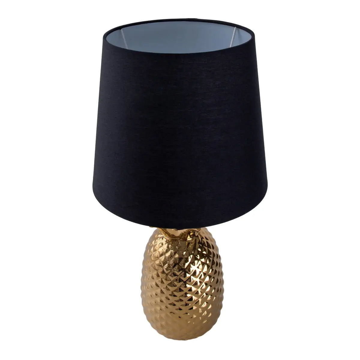 Keramik-Tischleuchte "ANANAS", Tischlampe aus Keramik mit goldfarbener Glasur und schwarzem Stoffschirm, mit E14-Fassung, für Esszimmer, Wohnzimmer, Diele oder Büro, Tischleuchte 45 cm hoch