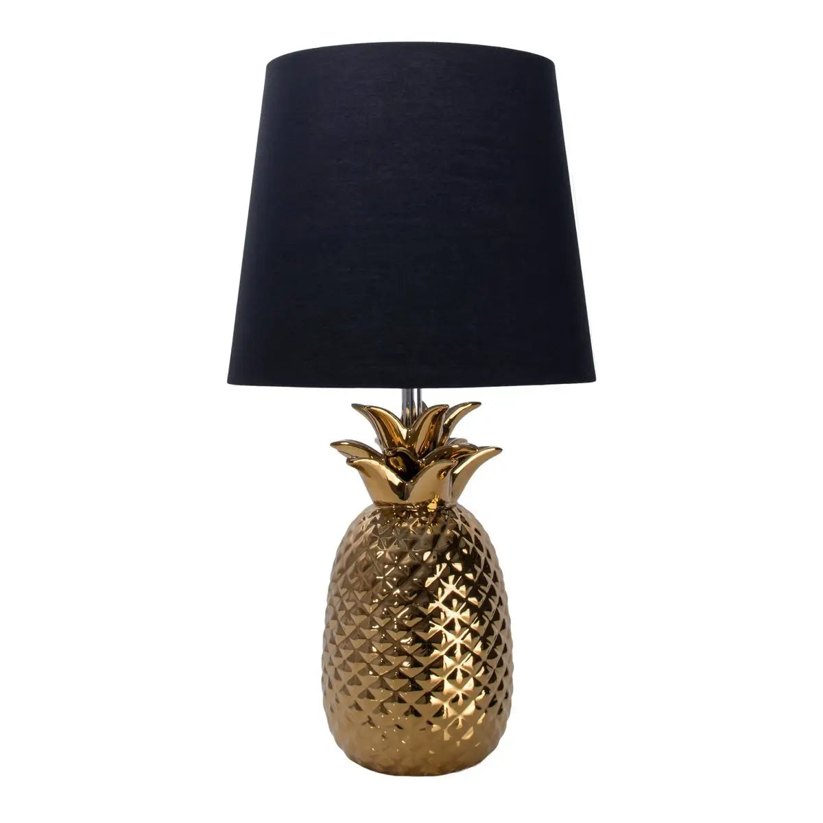 Keramik-Tischleuchte "ANANAS", Tischlampe aus Keramik mit goldfarbener Glasur und schwarzem Stoffschirm, mit E14-Fassung, für Esszimmer, Wohnzimmer, Diele oder Büro, Tischleuchte 45 cm hoch