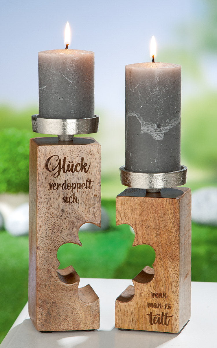 Kerzenleuchter: „Glück“ • Mangoholz • Natur / Silber • 23×13,5×7 cm • Gilde - Kerzen & Co.