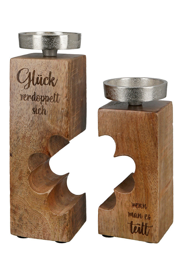 Kerzenleuchter: „Glück“ • Mangoholz • Natur / Silber • 23×13,5×7 cm • Gilde - Kerzen & Co.
